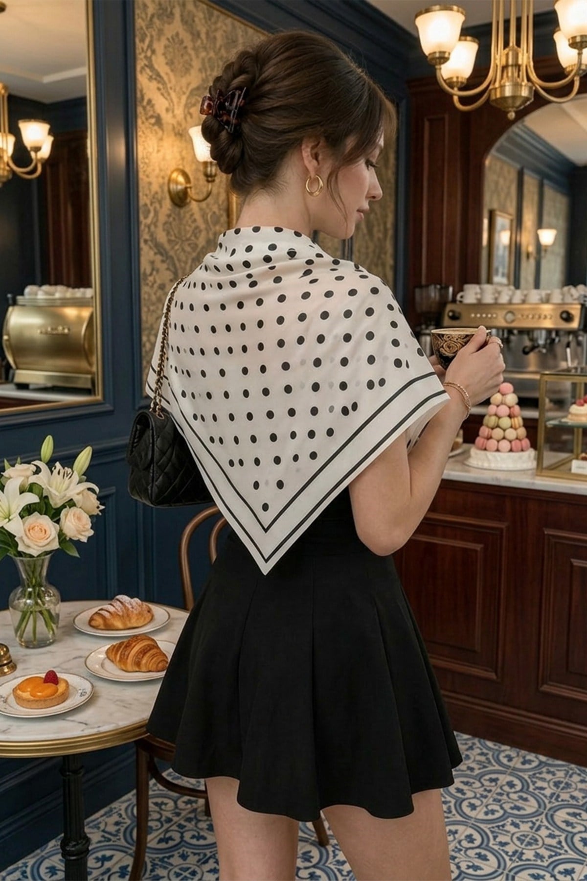 Beyaz Puantiye Model Fular Bandana Şal 70x70 Cm