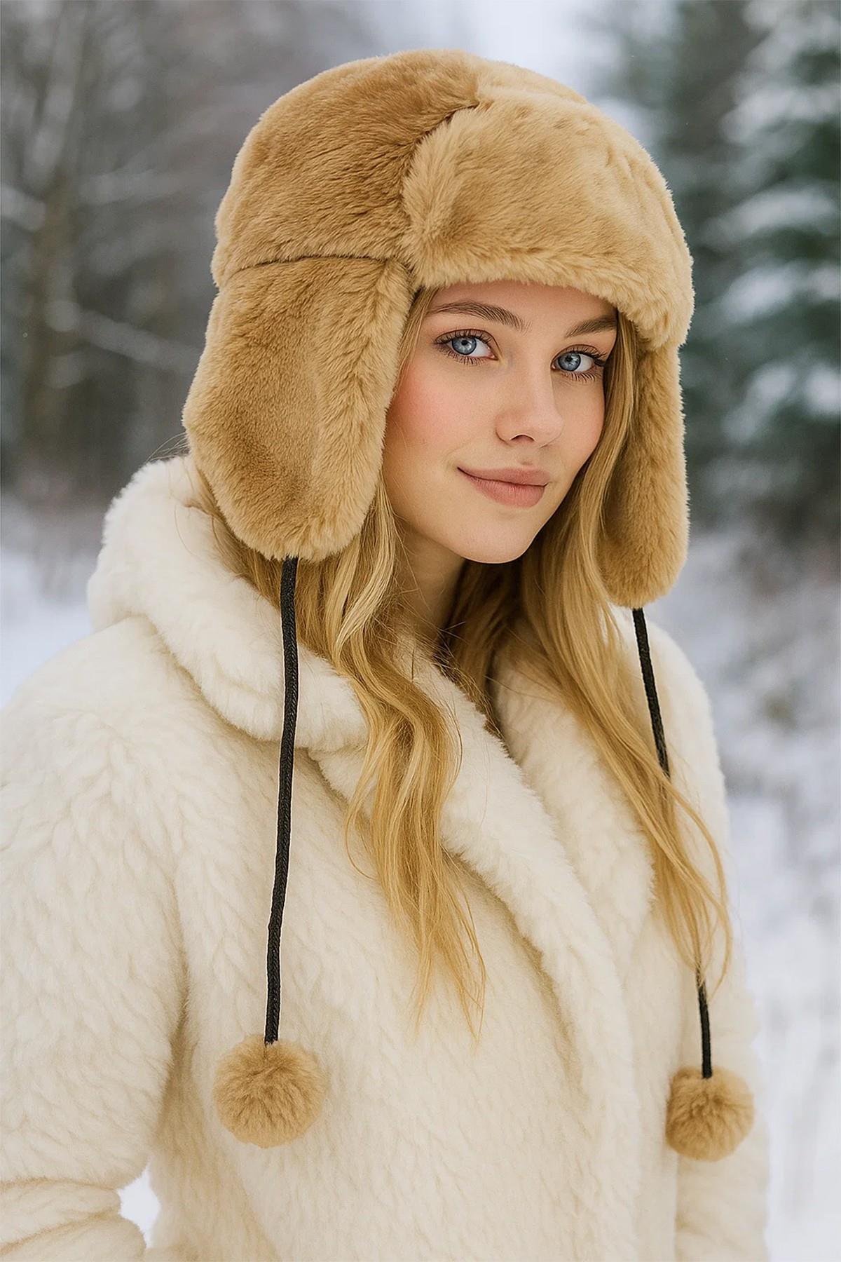 Camel Peluş Kulaklı Ponponlu Bere Şapka