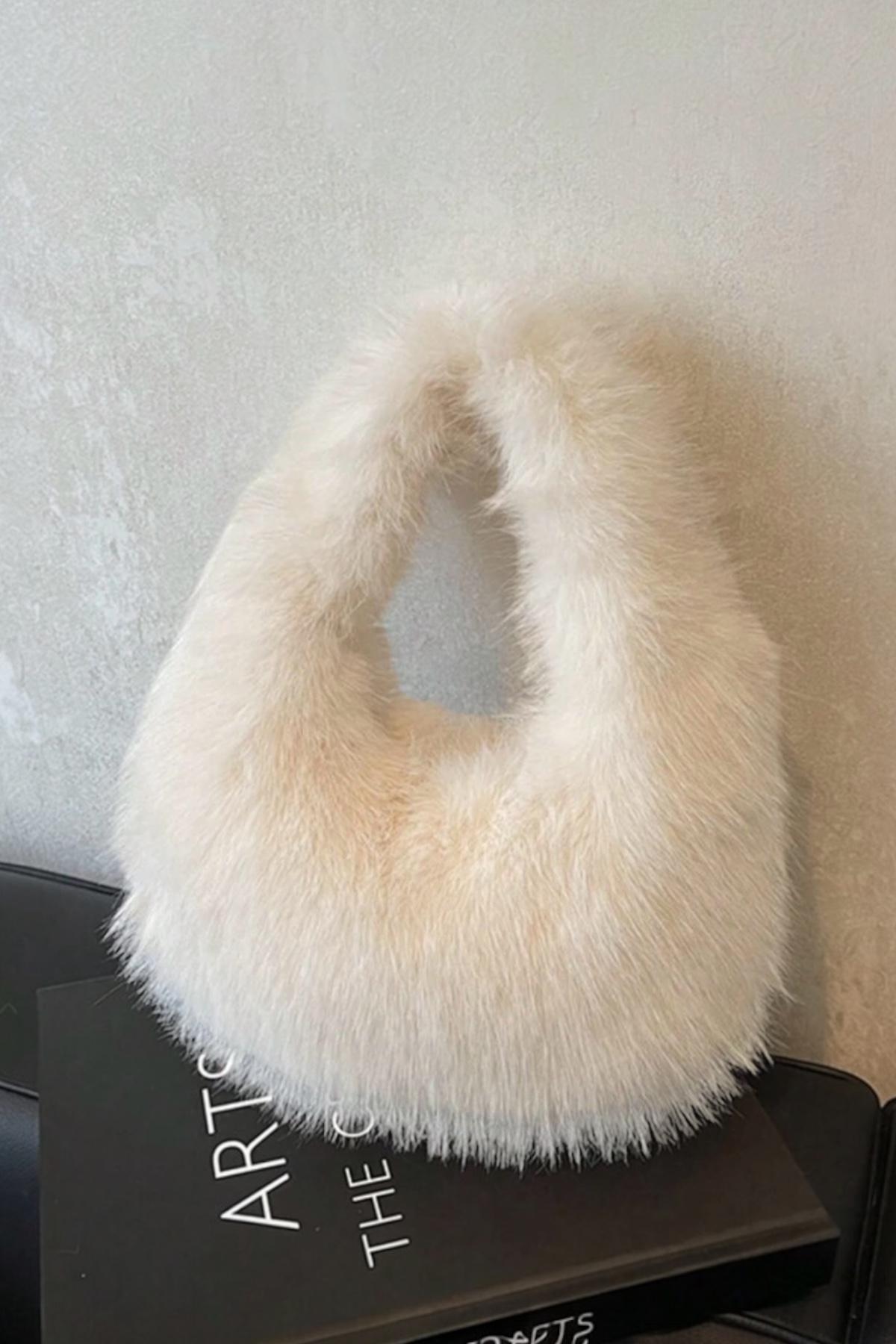 İthal Beyaz Vip Kürk Peluş Çanta