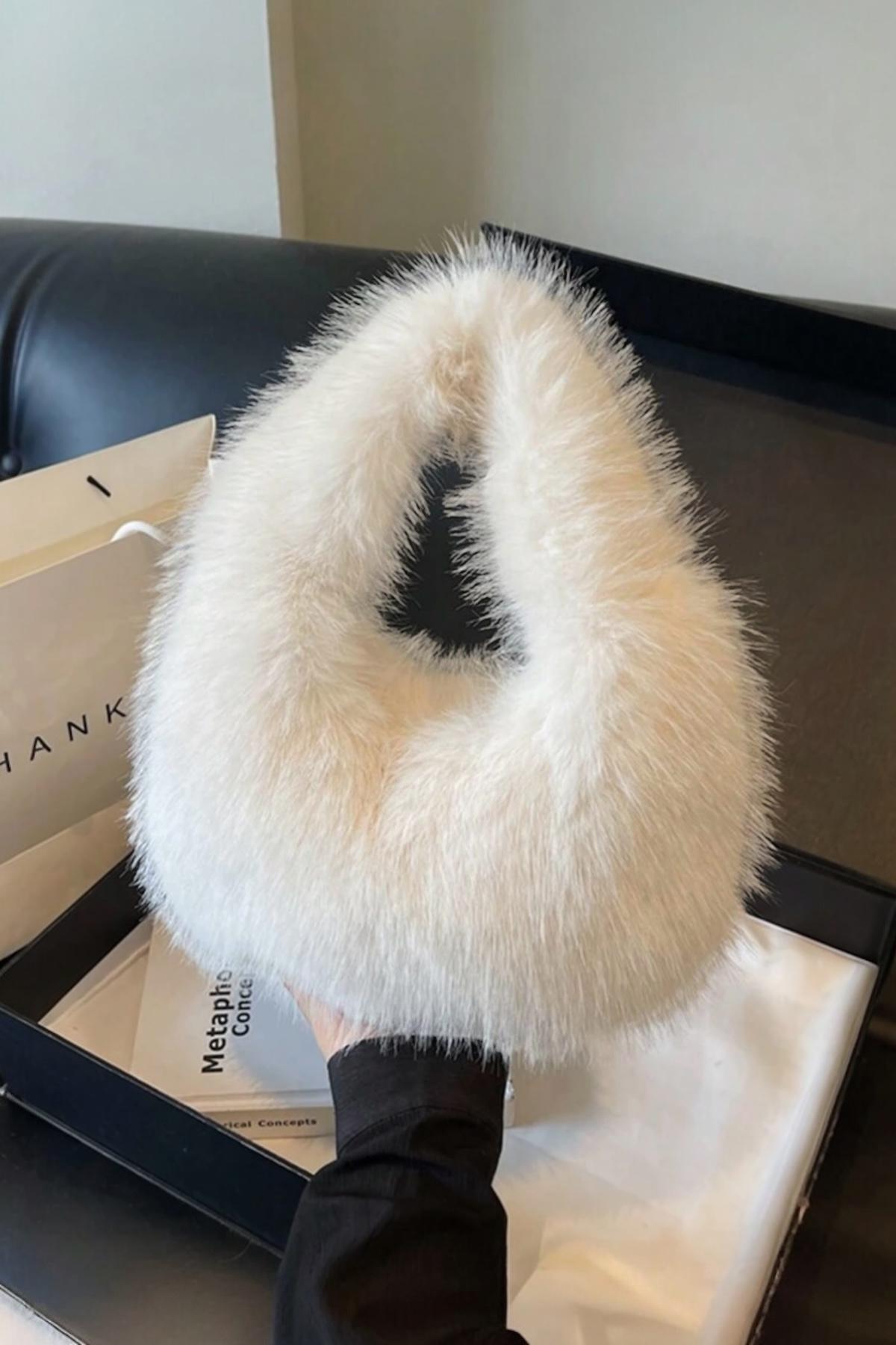 İthal Beyaz Vip Kürk Peluş Çanta