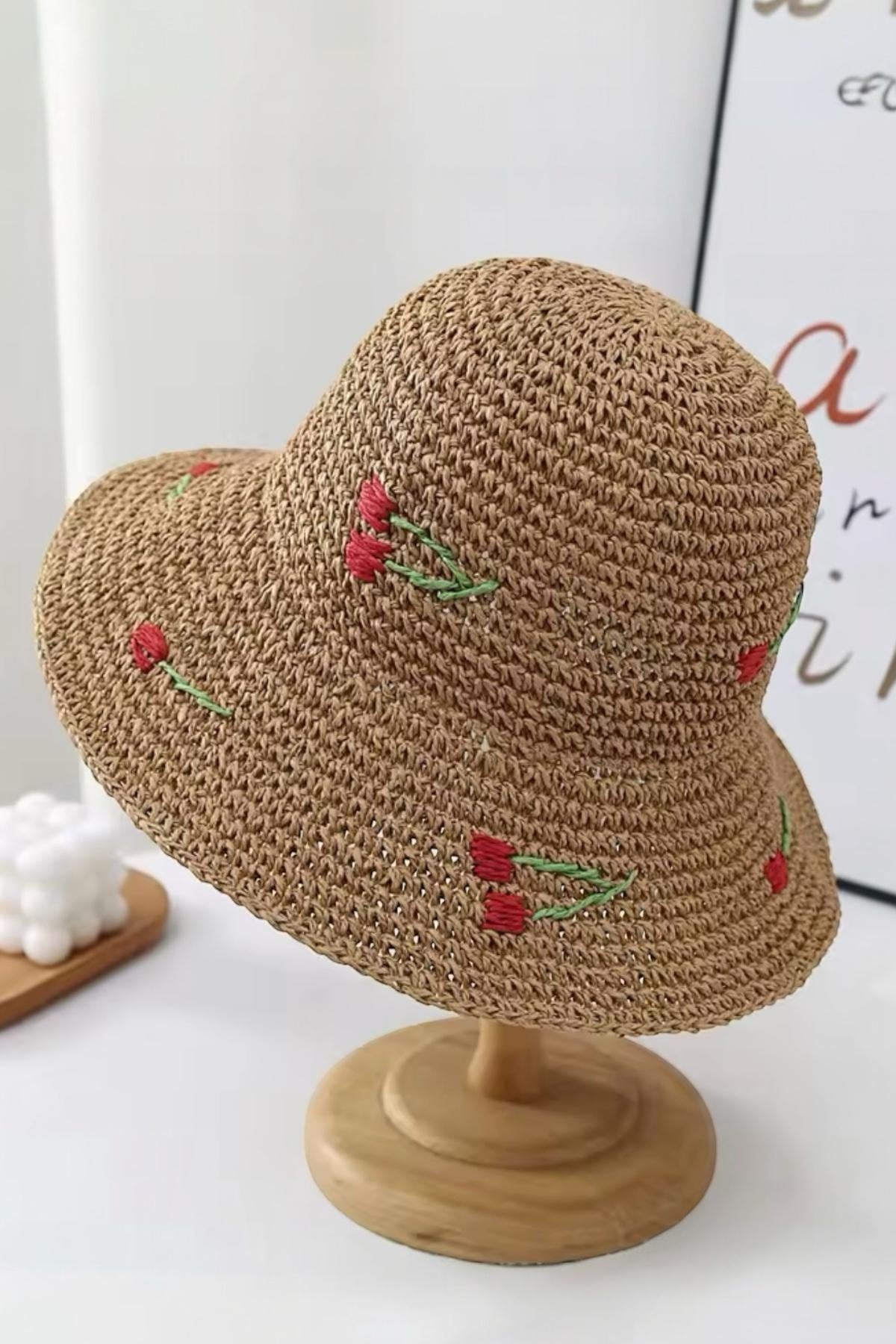 İthal Camel Cherry Örgü Bucket Hasır Şapka