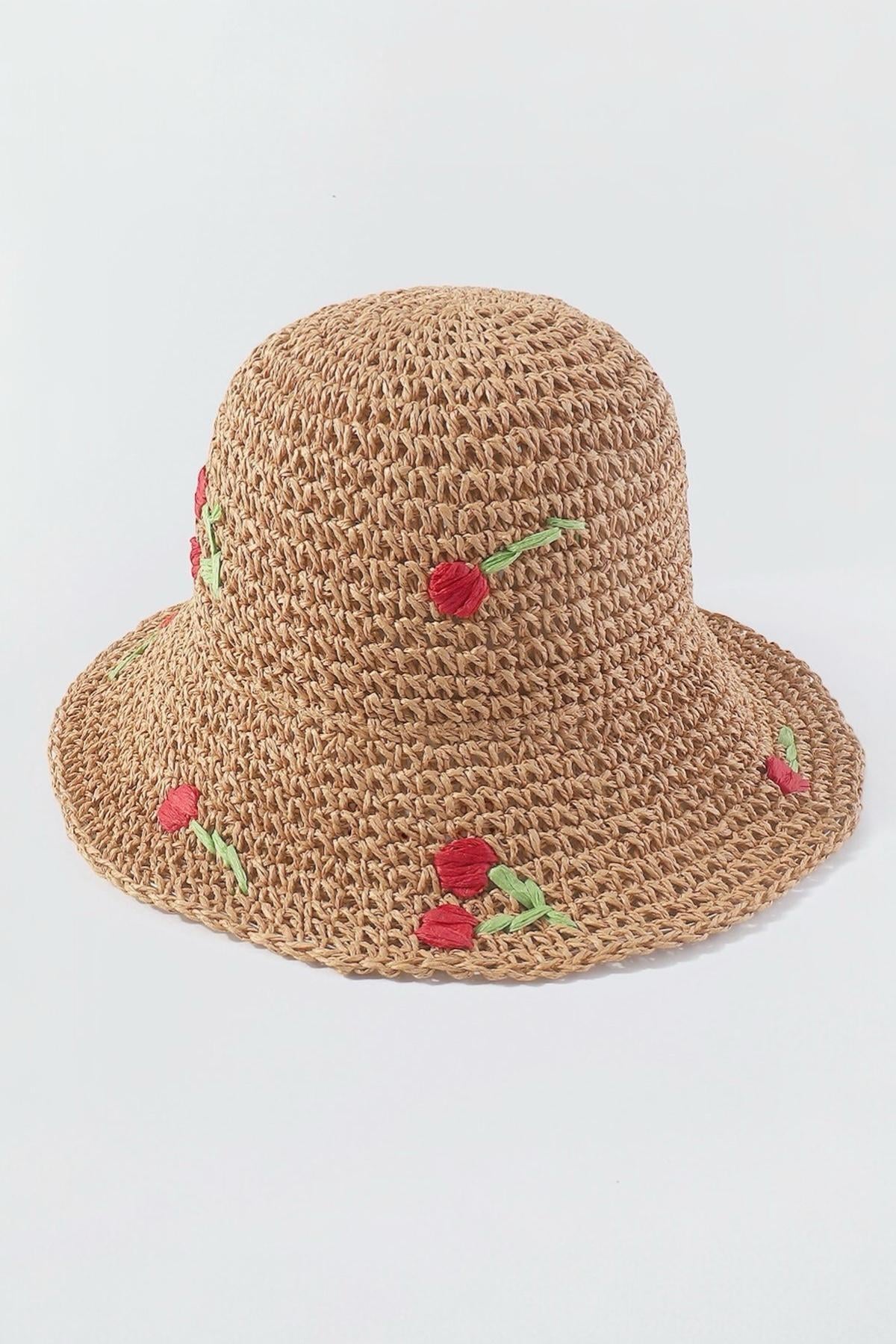İthal Camel Cherry Örgü Bucket Hasır Şapka