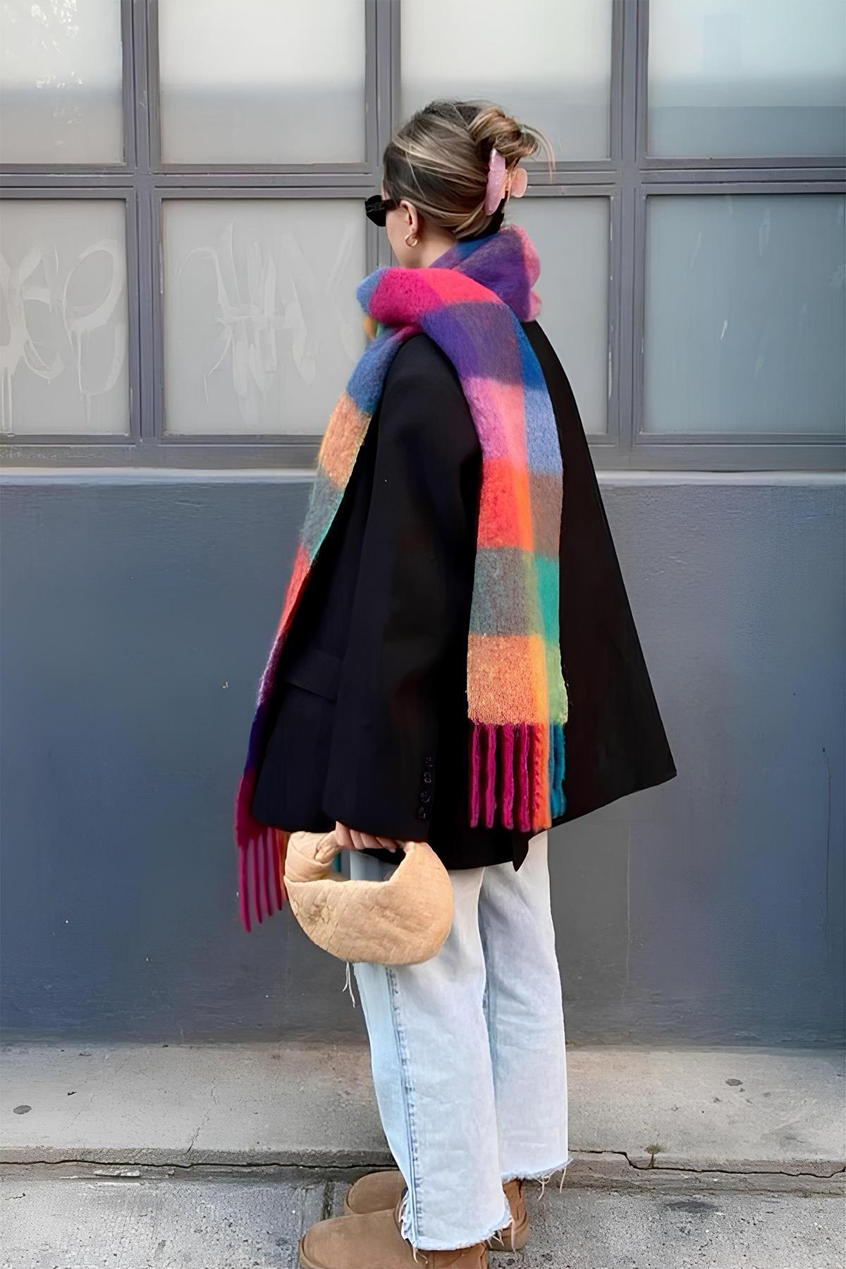 İthal Puffy Rainbow Kare Desenli Atkı Şal Omuz Şalı