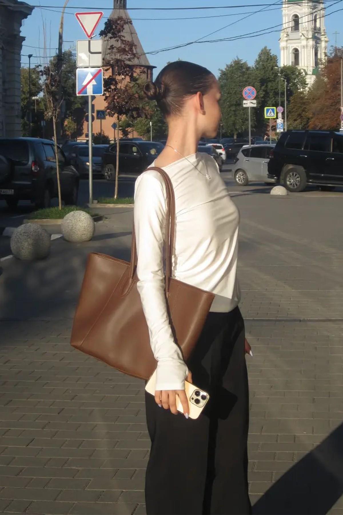 Kadın Acı Kahve Basic Fermuarlı Tote El ve Omuz Çantası