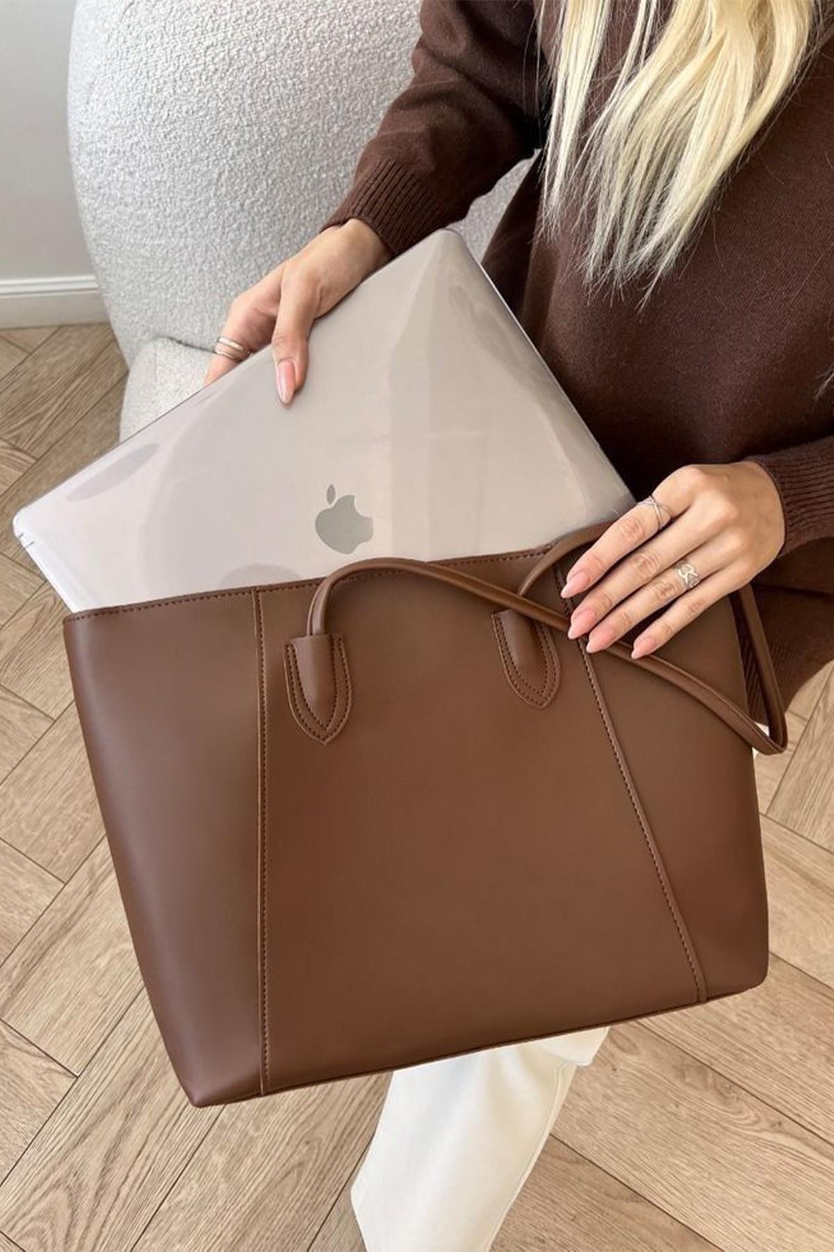 Kadın Acı Kahve Basic Fermuarlı Tote El ve Omuz Çantası
