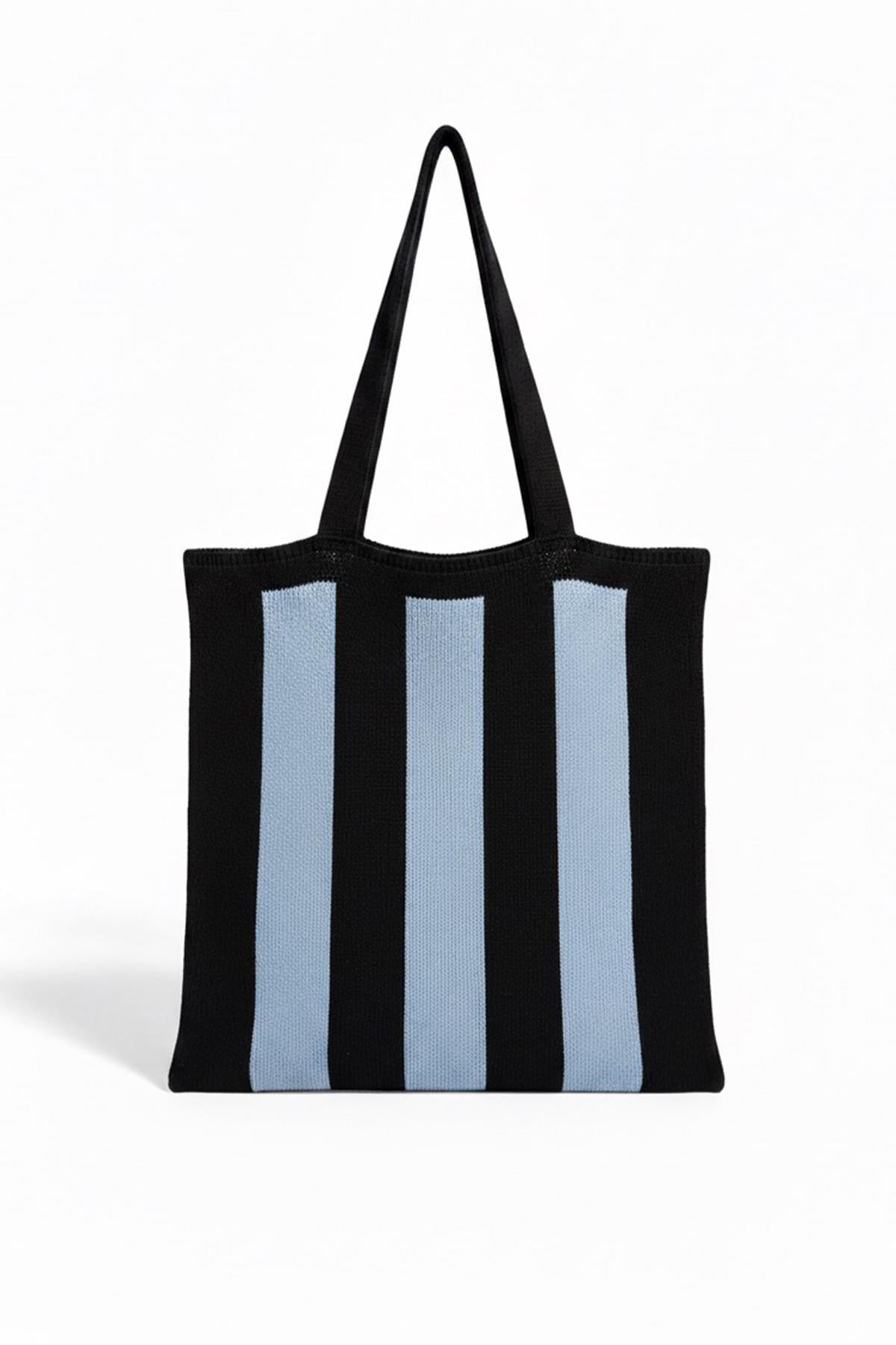 Kadın Mavi Stripes Örgü Tote Omuz Çantası