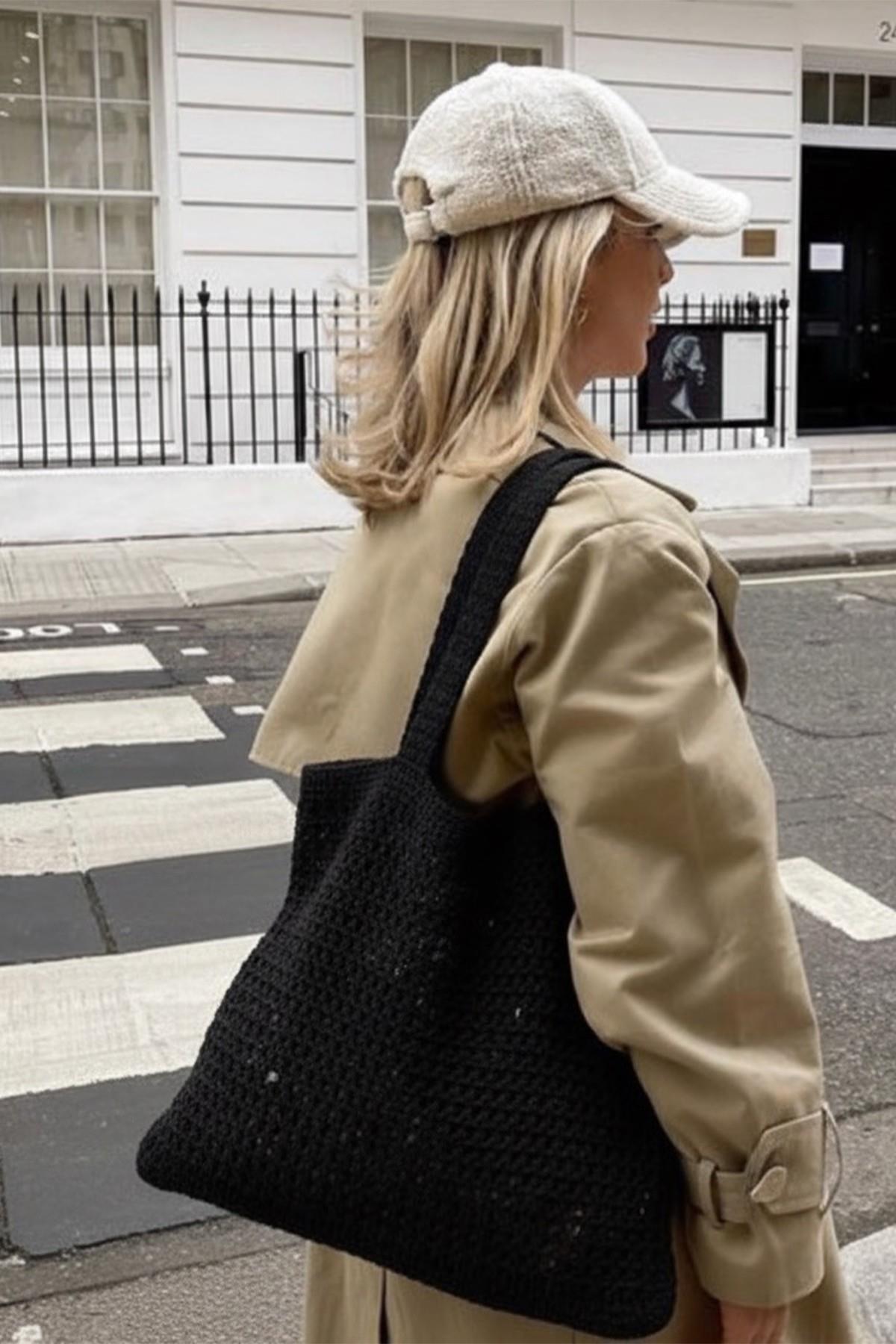 Kadın Siyah Crochet Edition Örgü Tote Omuz Çantası