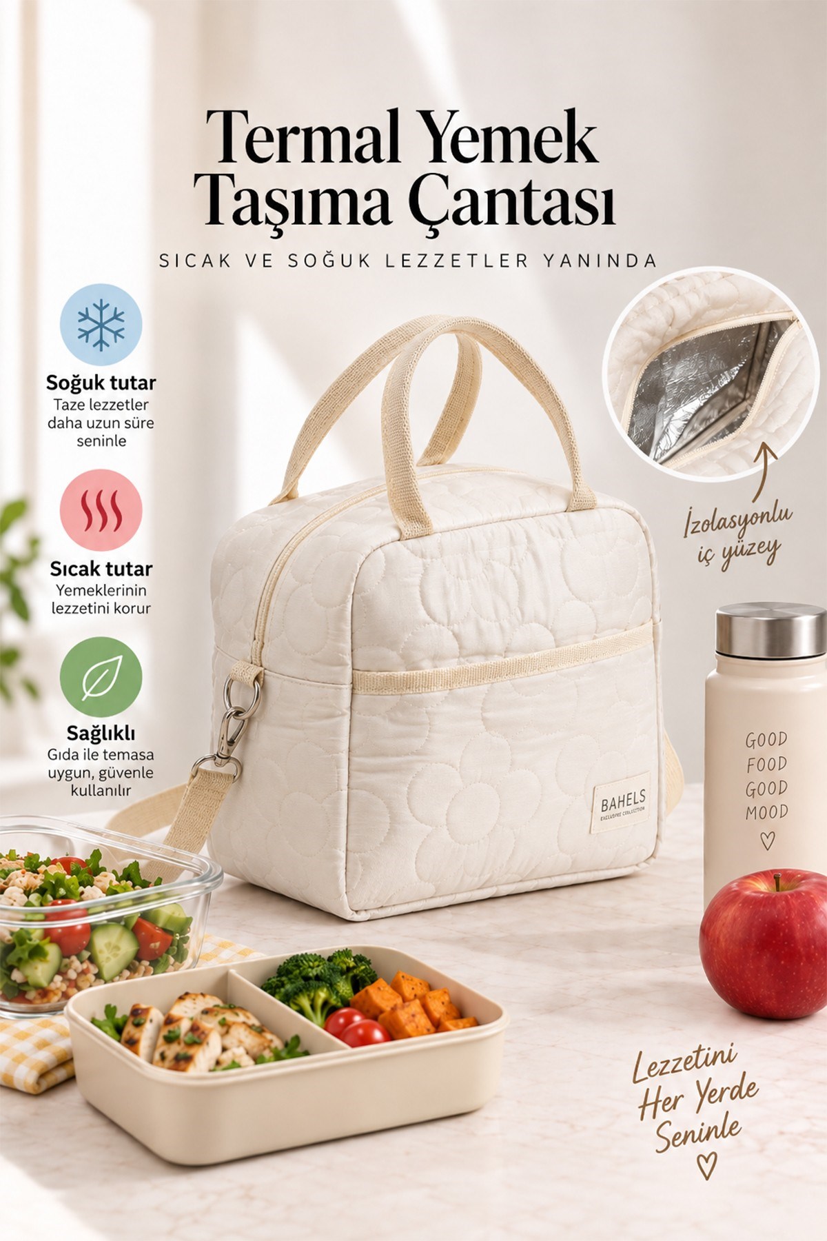 Krem Daisy Termal Çanta Yemek Taşıma Beslenme Çantası Isı Yalıtımlı Askılı Çanta
