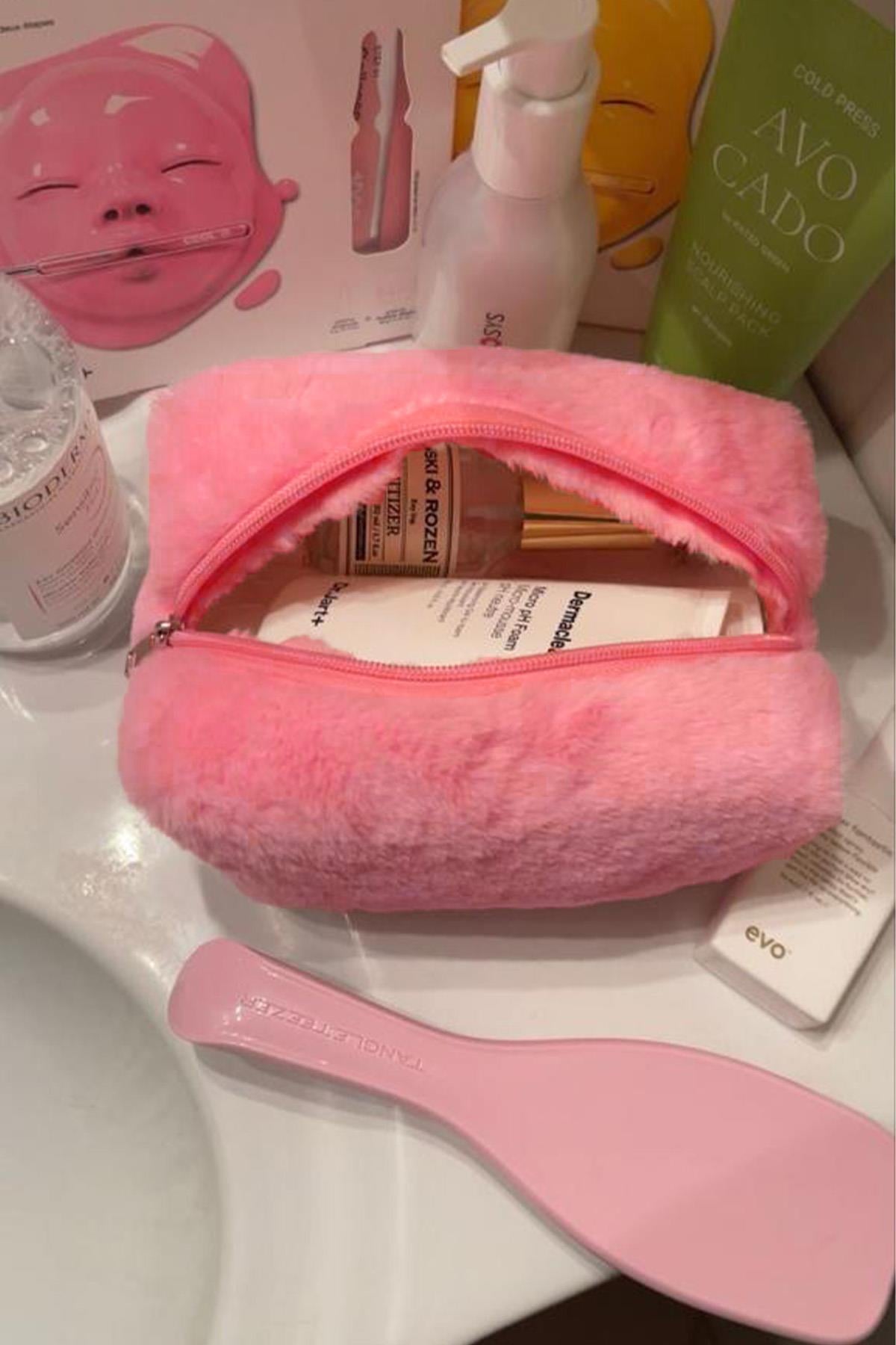Peluş Şeftali Pembe Orta Boy Makyaj Çantası