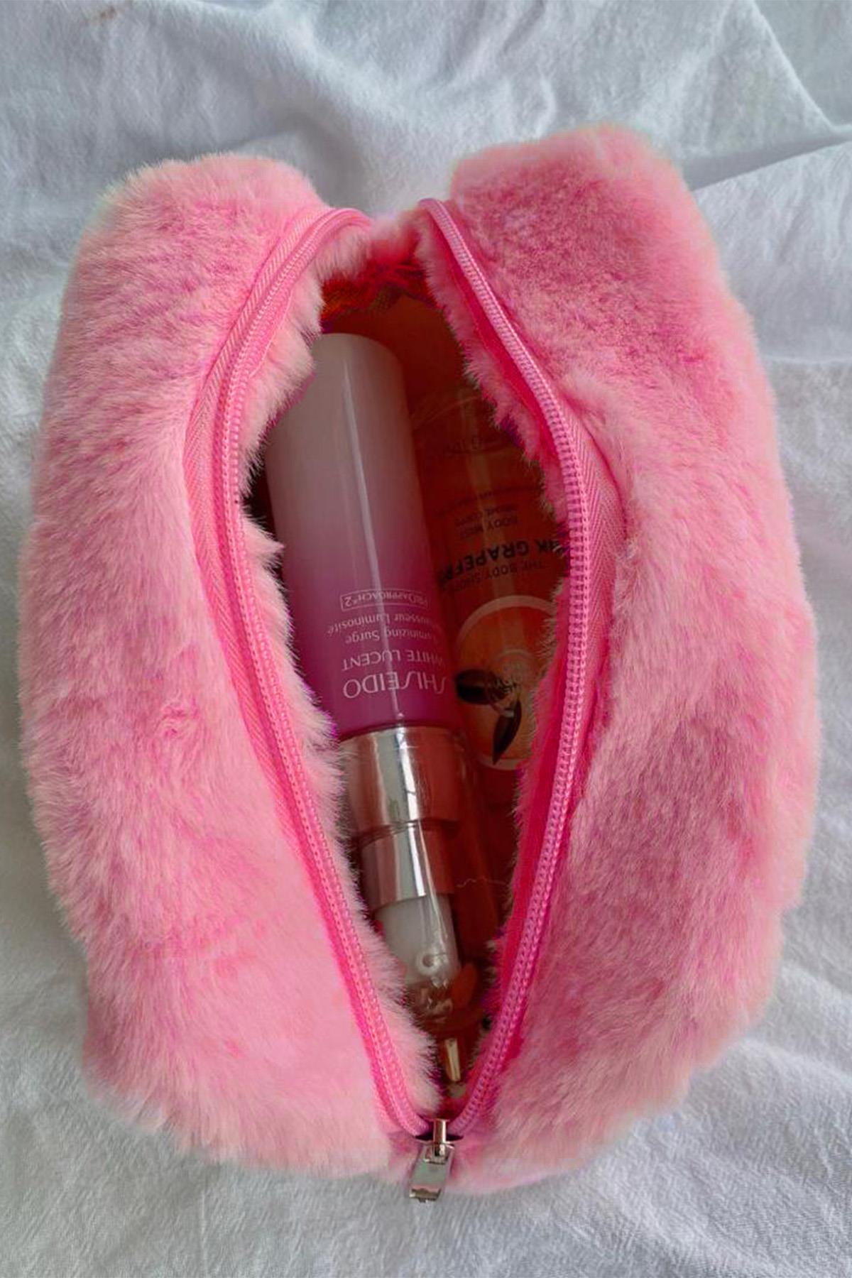 Peluş Şeker Pembe Orta Boy Makyaj Çantası