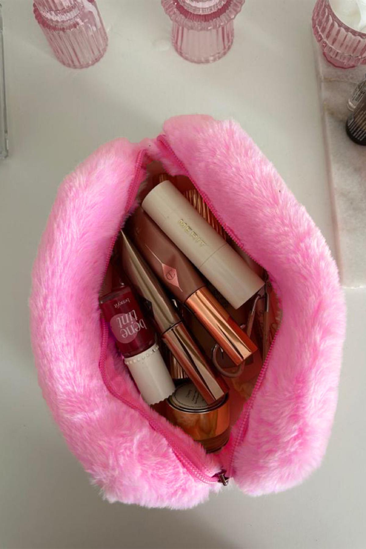 Peluş Şeker Pembe Orta Boy Makyaj Çantası