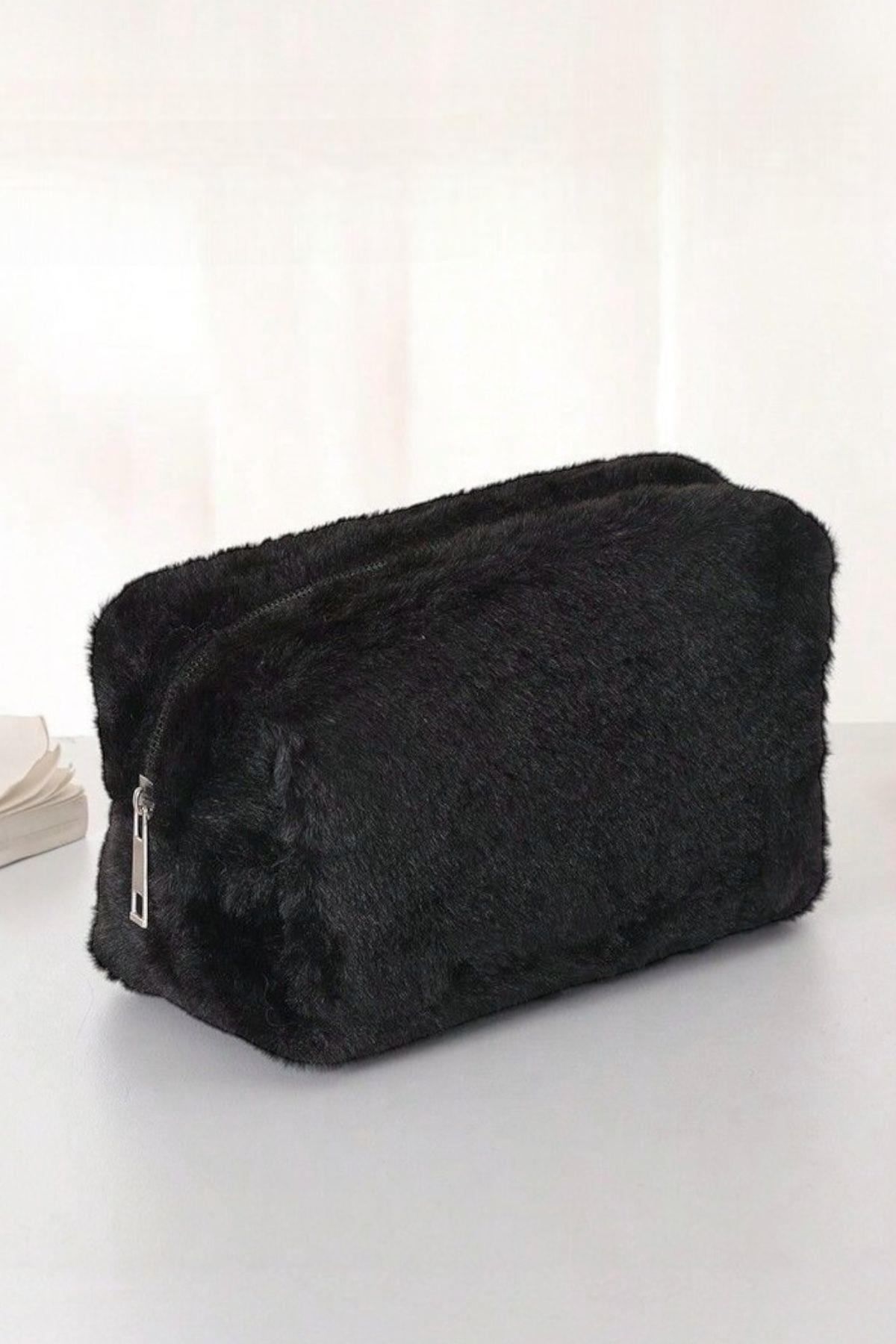 Peluş Siyah Orta Boy Makyaj Çantası