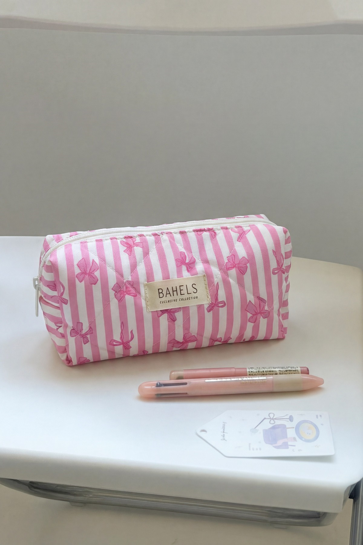 Pembe Çizgili Fiyonk Kalemlik Kalem Kutusu Kalem Çantası