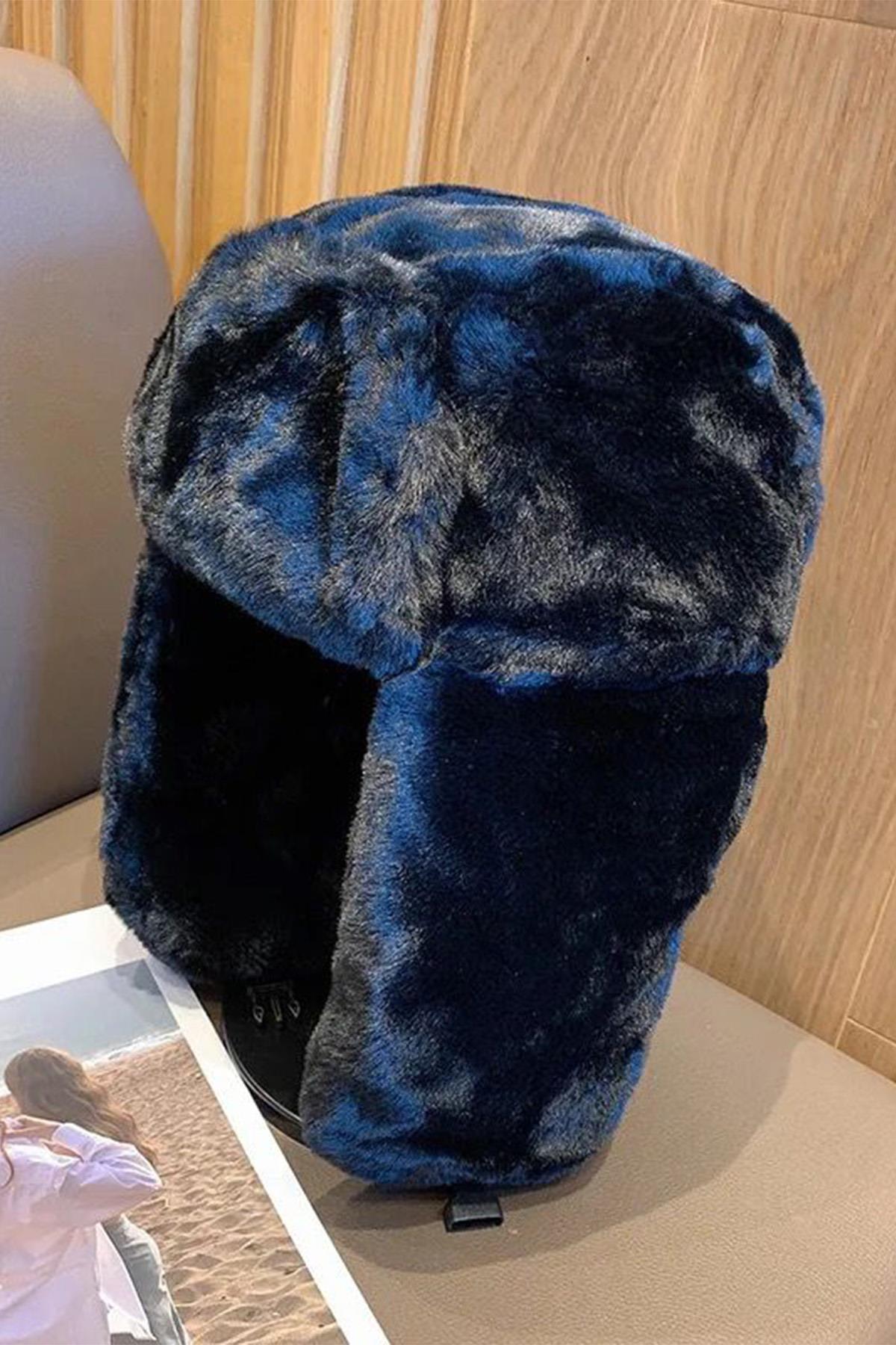 Siyah Peluş Kulaklı Klipsli Bere Şapka