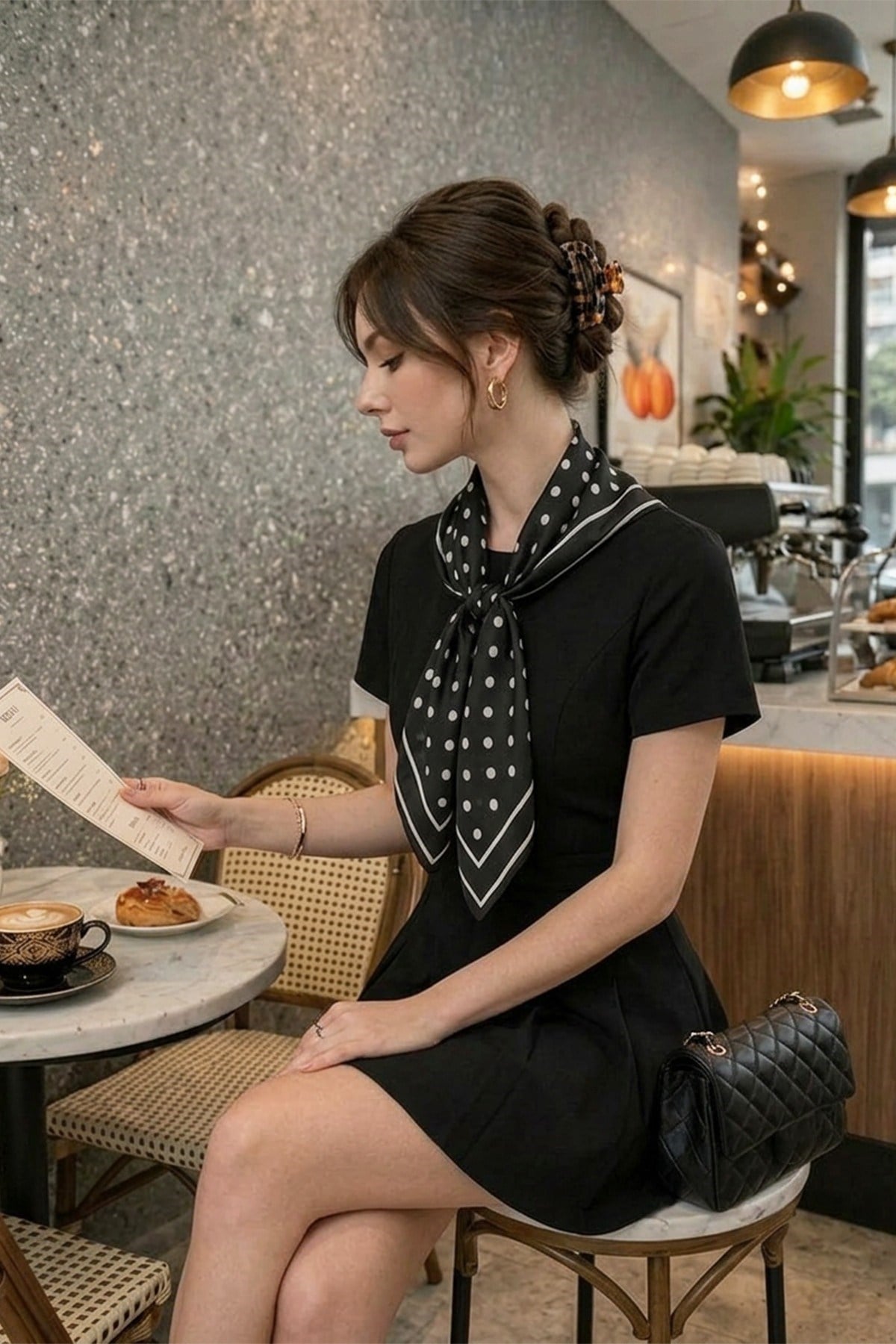 Siyah Puantiye Model Fular Bandana Şal 70x70 Cm