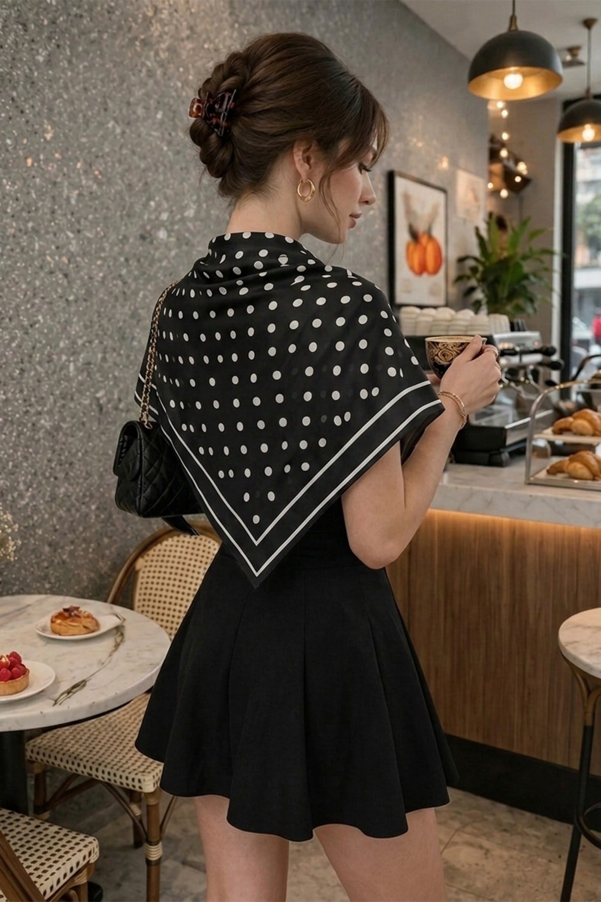 Siyah Puantiye Model Fular Bandana Şal 70x70 Cm