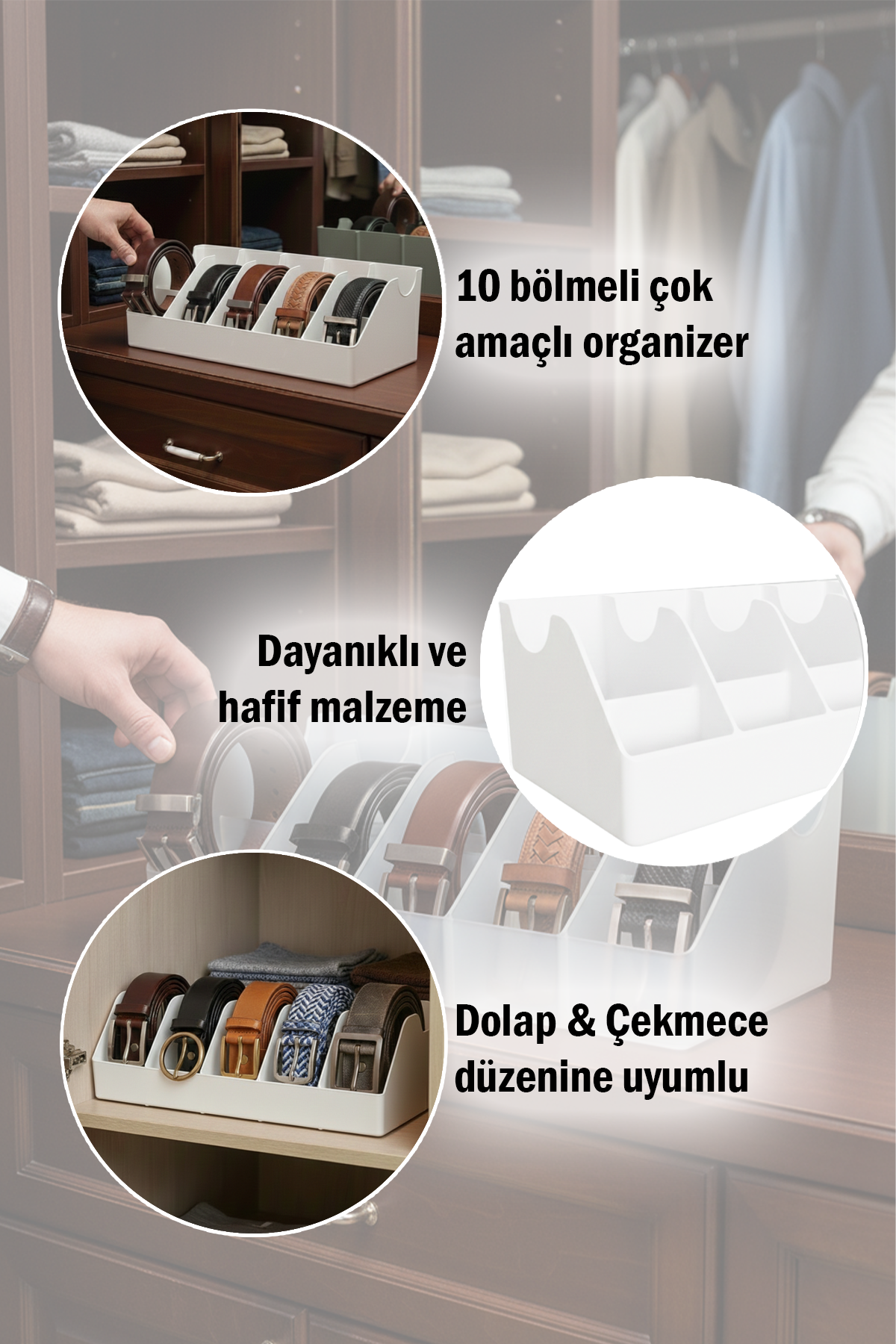10 Bölmeli Beyaz Kemer Çorap Takı Makyaj Organizeri Dolap İçi Kemer Düzenleyici Organizer