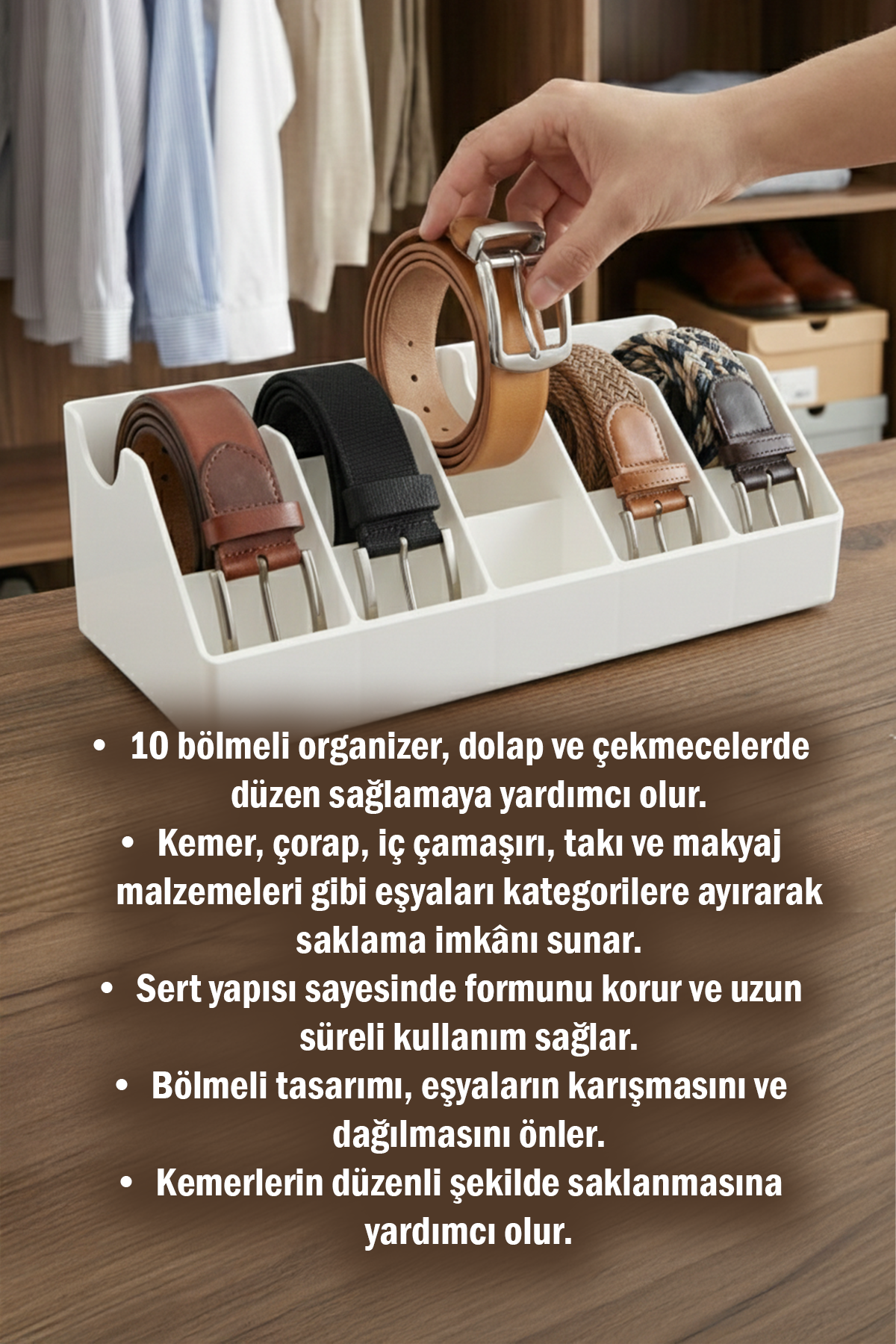 10 Bölmeli Beyaz Kemer Çorap Takı Makyaj Organizeri Dolap İçi Kemer Düzenleyici Organizer