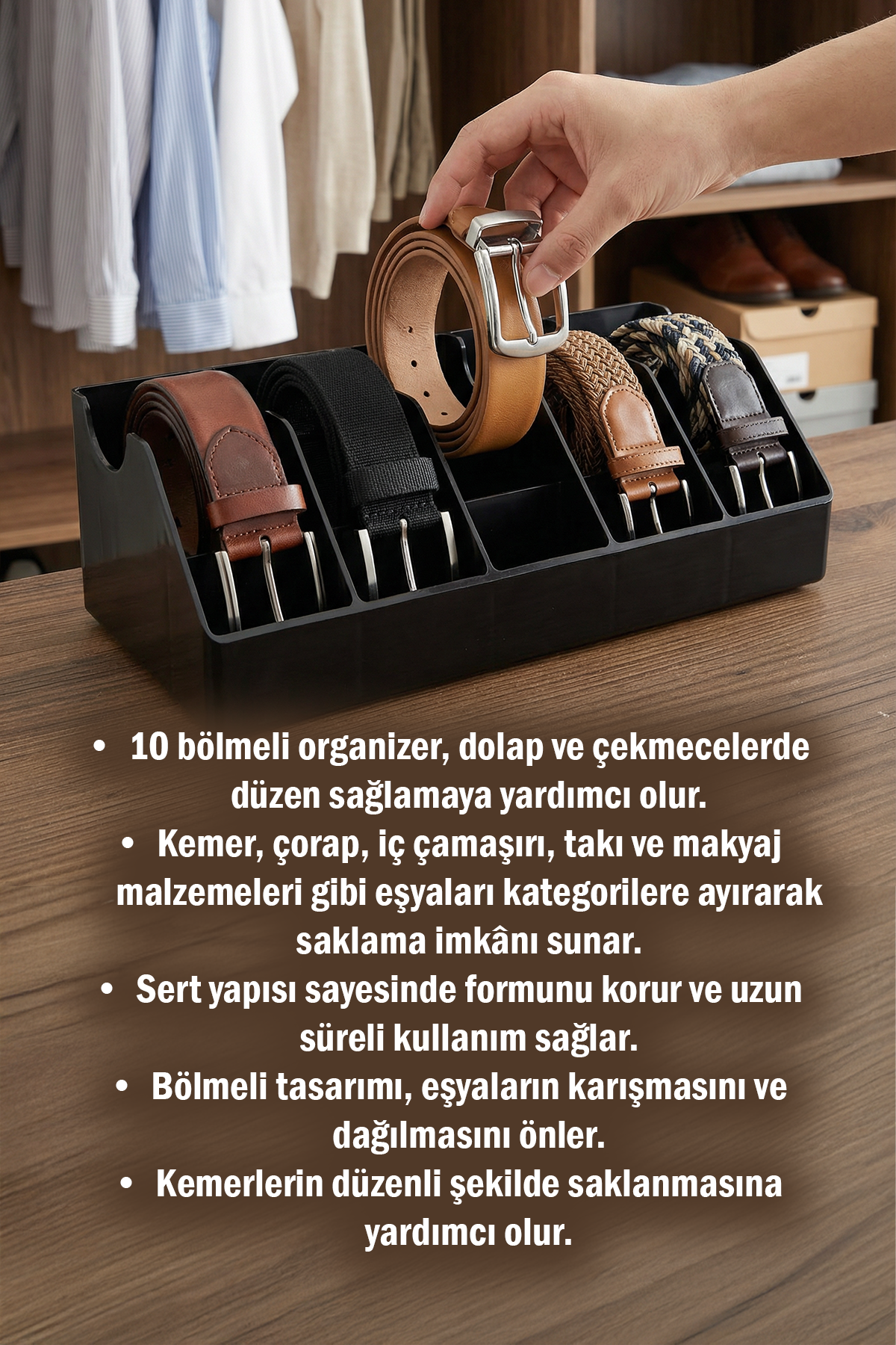 10 Bölmeli Kemer Organizer, Çorap, Kravat, Takı, Makyaj, Çekmece, Dolap İçi Depolama