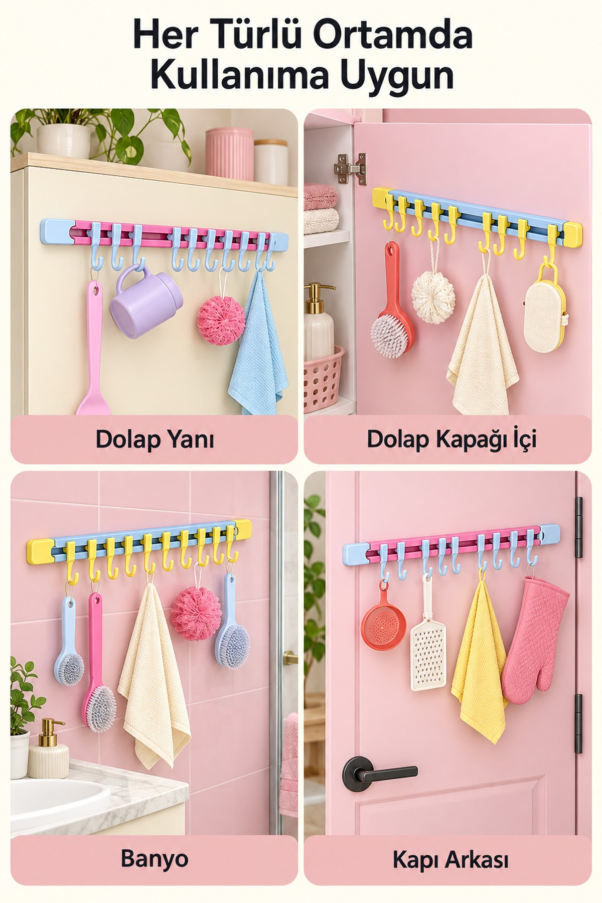 10 Kancalı Raylı Askı Mutfak Banyo Dolap İçi Kupa Fincan Havlu Düzenleyici Aparat