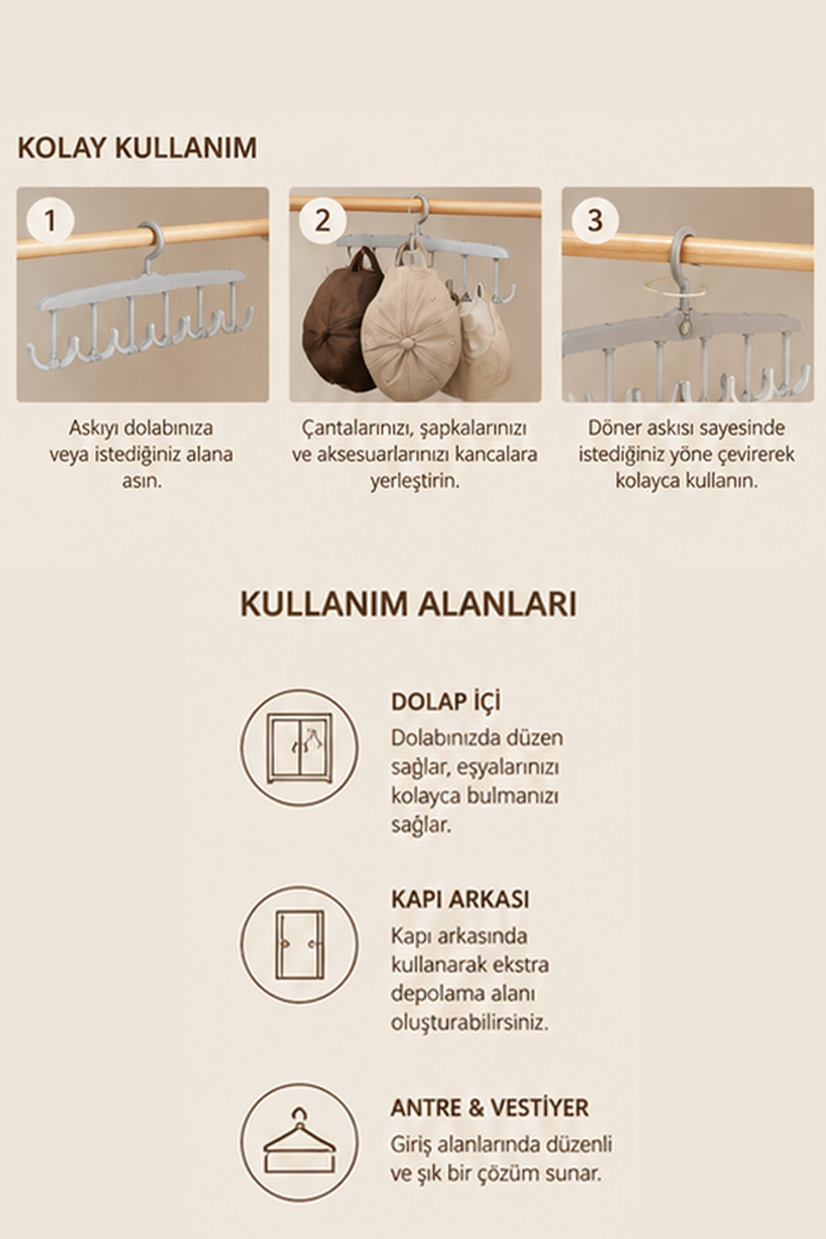 12 Kancalı Döner Çok Amaçlı Dolap Askısı Sütyen Eşarp Kravat Kemer Çanta Şapka Organizeri
