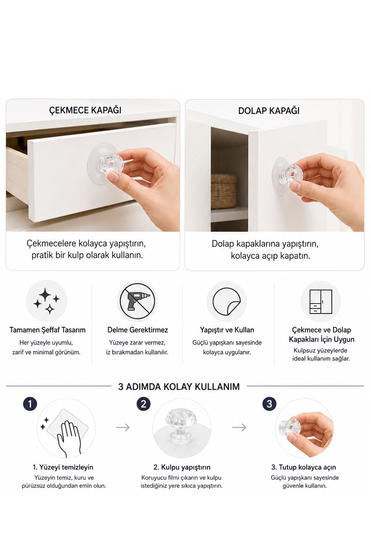 12'li Yapışkanlı Kristal Tutacak Şeffaf Dolap, Çekmece ve Kapak Mobilya Kulpu