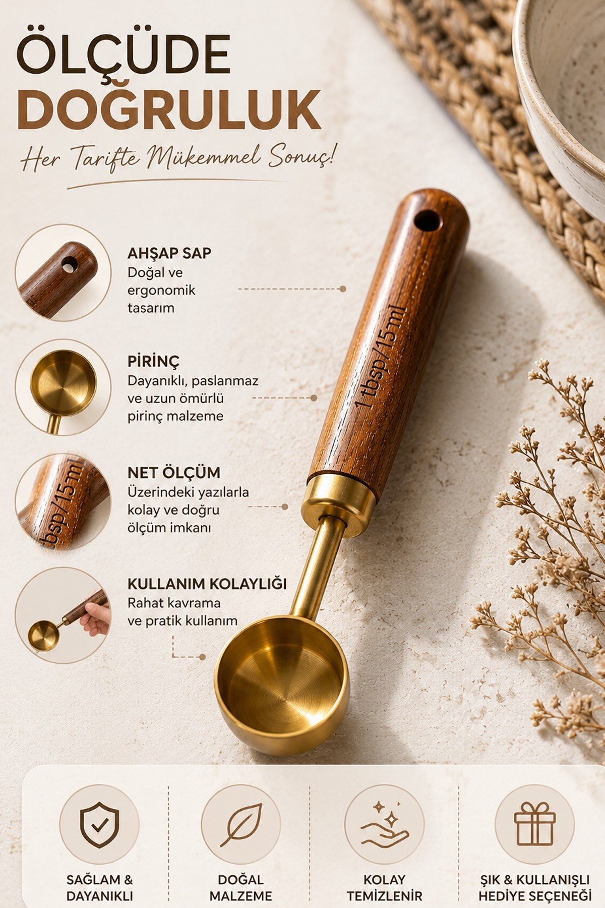 15 ml Ahşap Saplı Gold Kahve Ölçü Kaşığı Paslanmaz Çelik Kahve Çay Mama Ölçme Kaşığı 