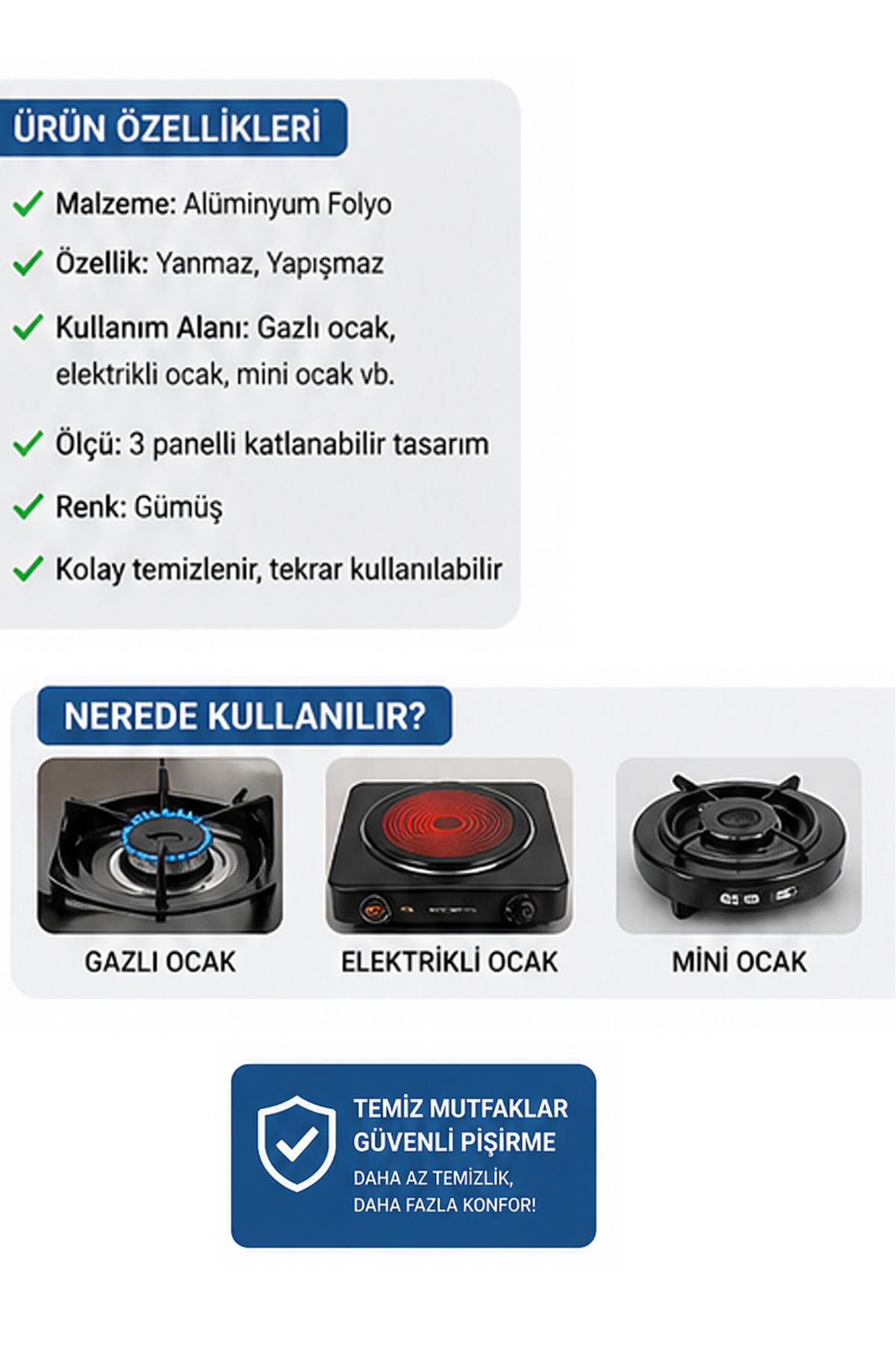 2 Adet Ocak Yağ Koruyucu Alüminyum Folyo Yanma Leke Önleyici Katlanır Yıkanabilir Folyo (32*5*84)