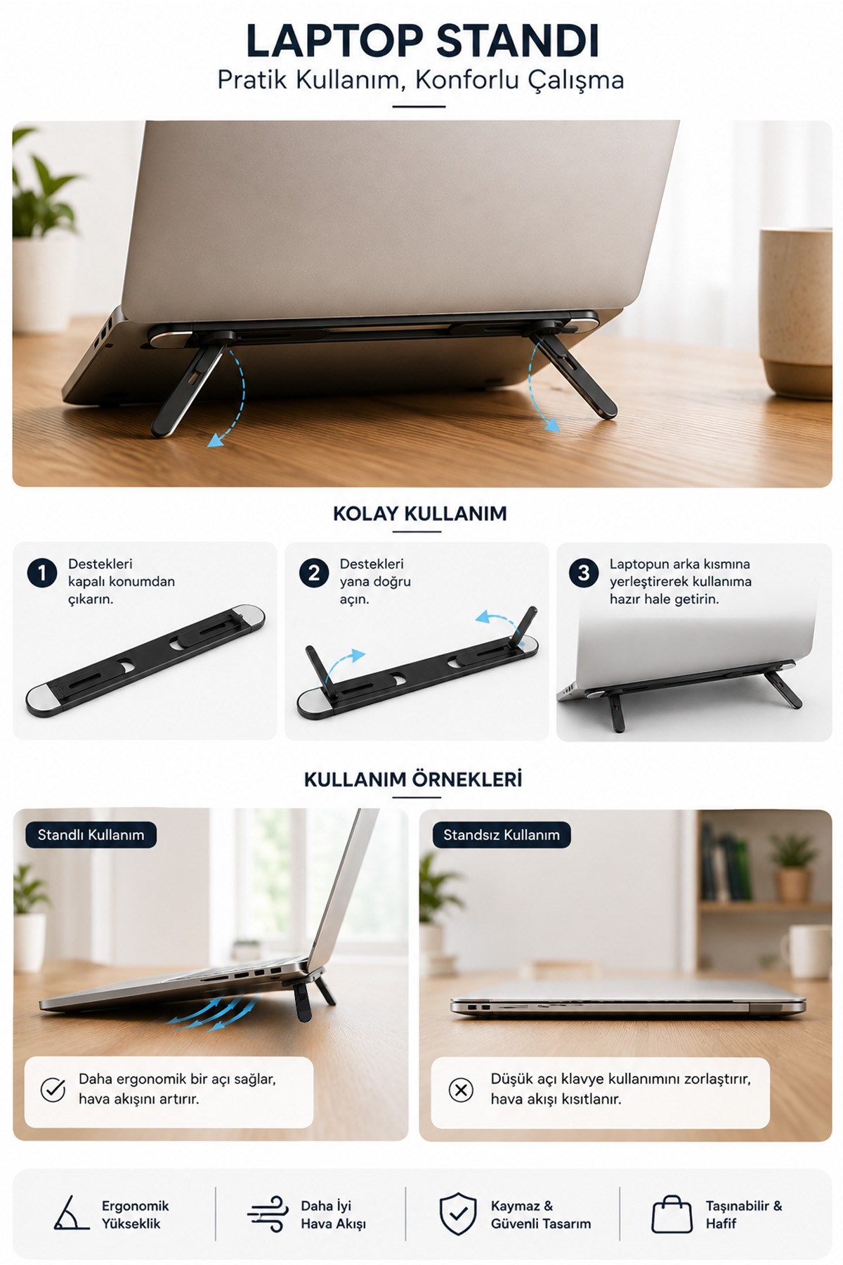 2 Kademeli Katlanabilir Yapışkanlı Laptop Standı Taşınabilir Notebook Yükseltici Tutucu