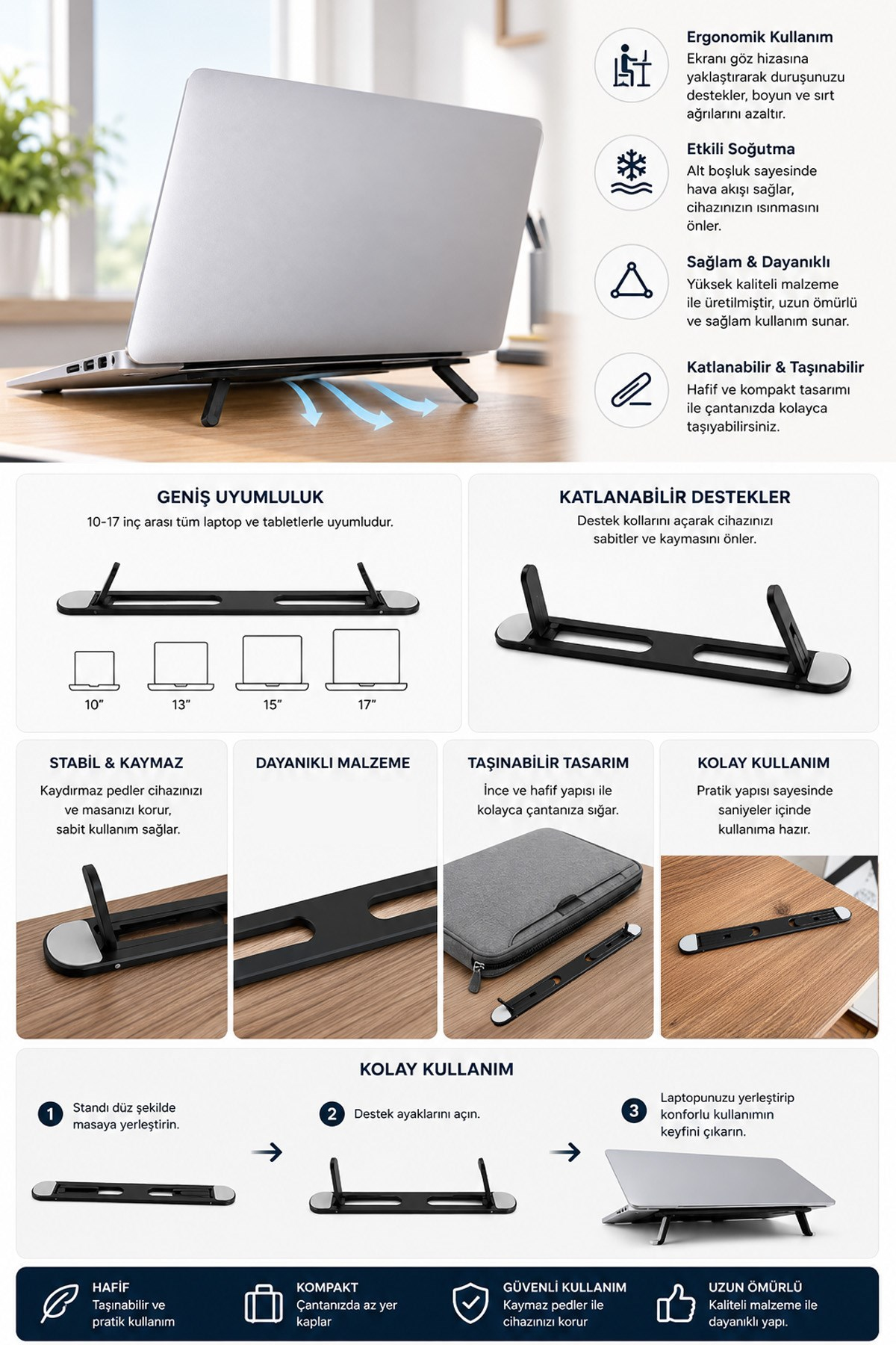 2 Kademeli Katlanabilir Yapışkanlı Laptop Standı Taşınabilir Notebook Yükseltici Tutucu