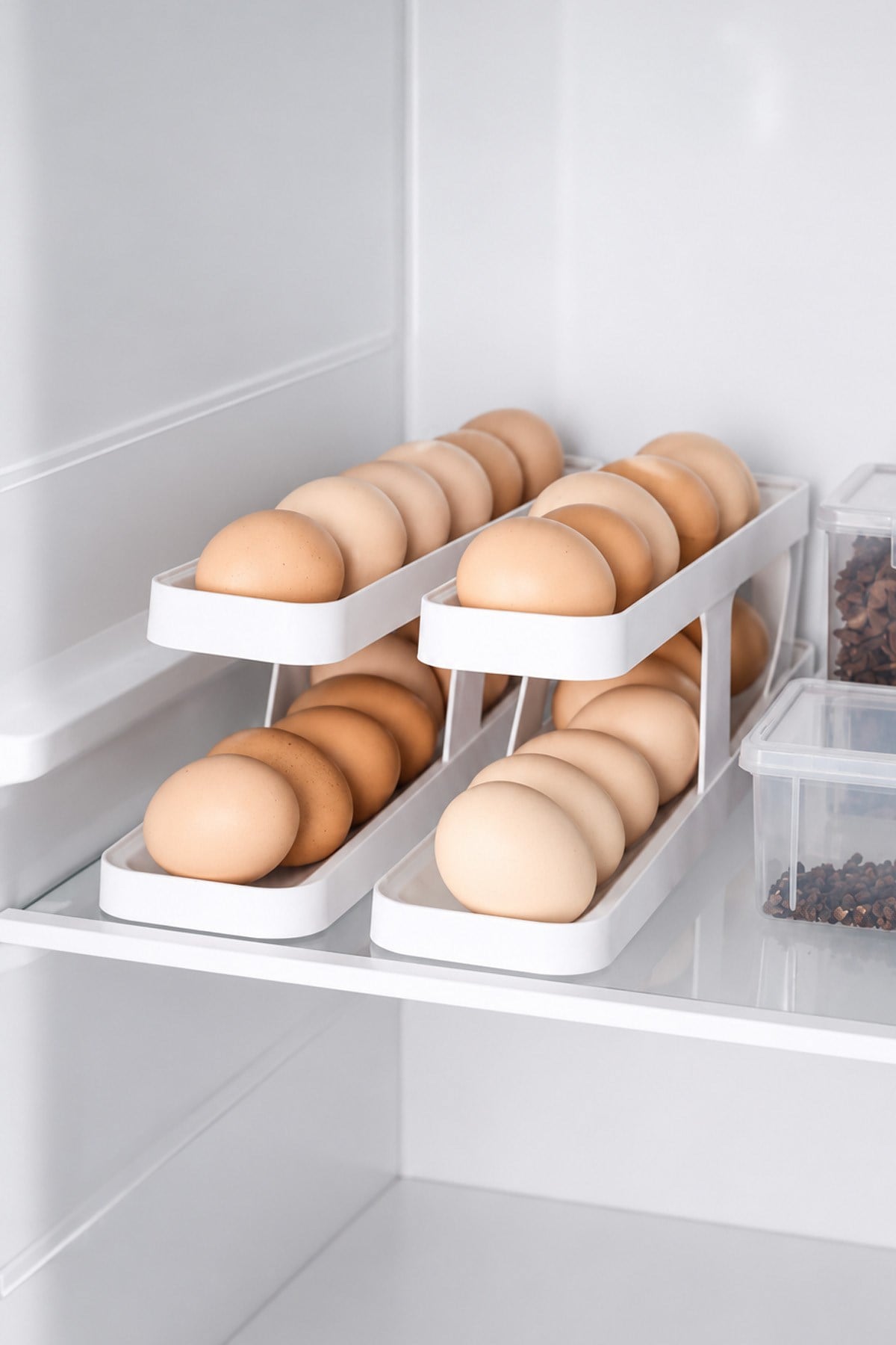 2 Katlı Otomatik Buzdolabı Yumurtalık Kayar Raflı Yumurta Standı Pratik Saklama Kabı