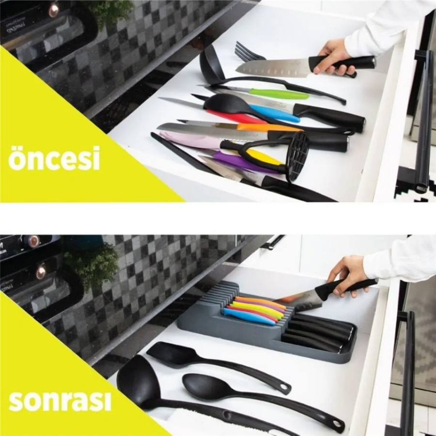 2 Sıra Bıçaklık Çekmece İçi Güvenli Bıçak Düzenleyici, Kaydırmaz Şık ve Pratik Mutfak Çözümü