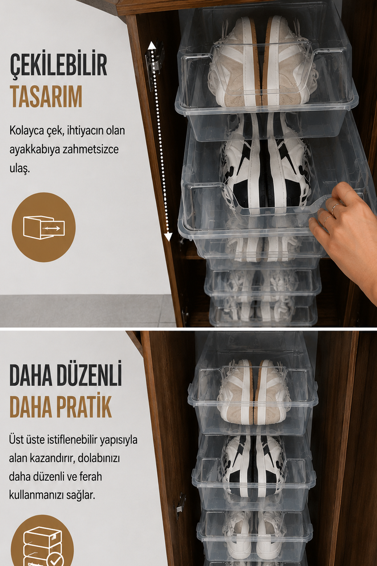 20'li Şeffaf Ayakkabı Kutusu Kapaklı İstiflenebilir Kadın Ayakkabı Organizer