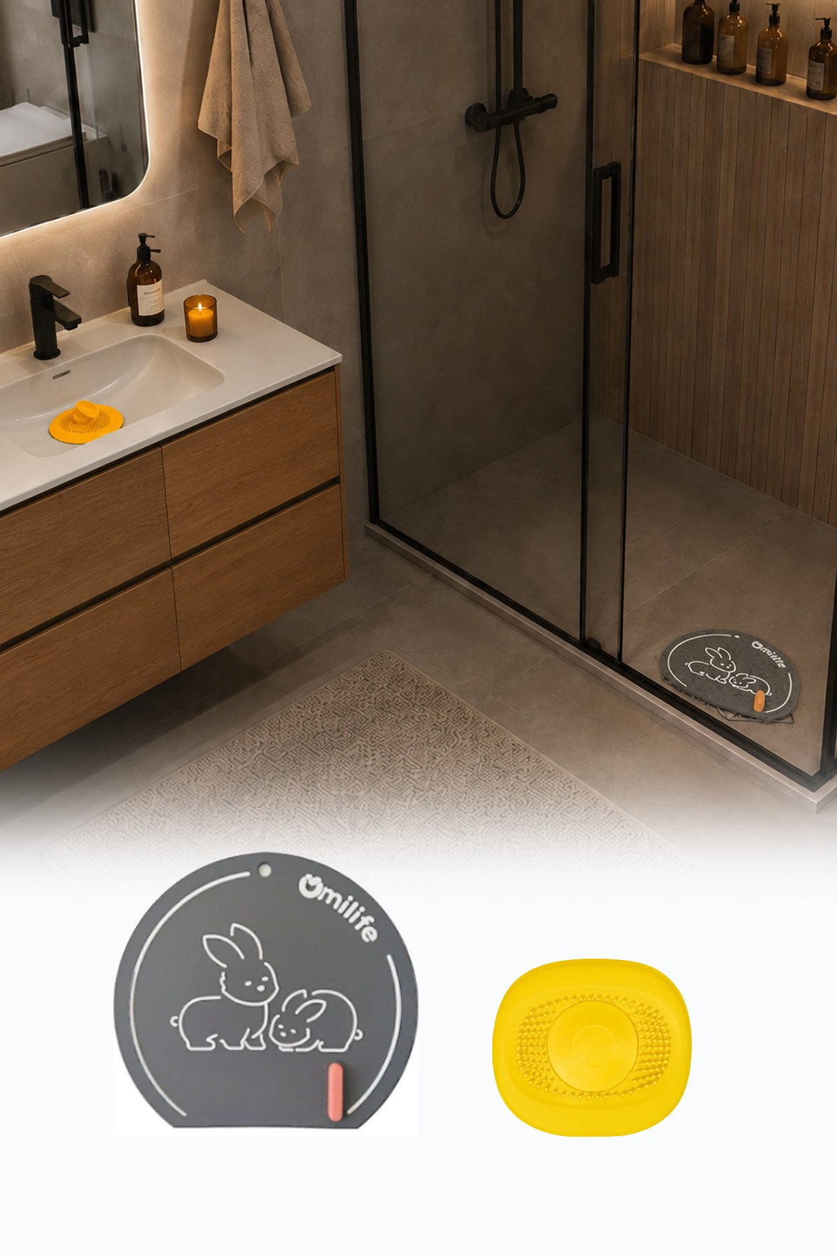 2'li Gri Silikon Gider Kapağı Tavşan Model Koku Önleyici Süzgeçli Banyo Mutfak Seti