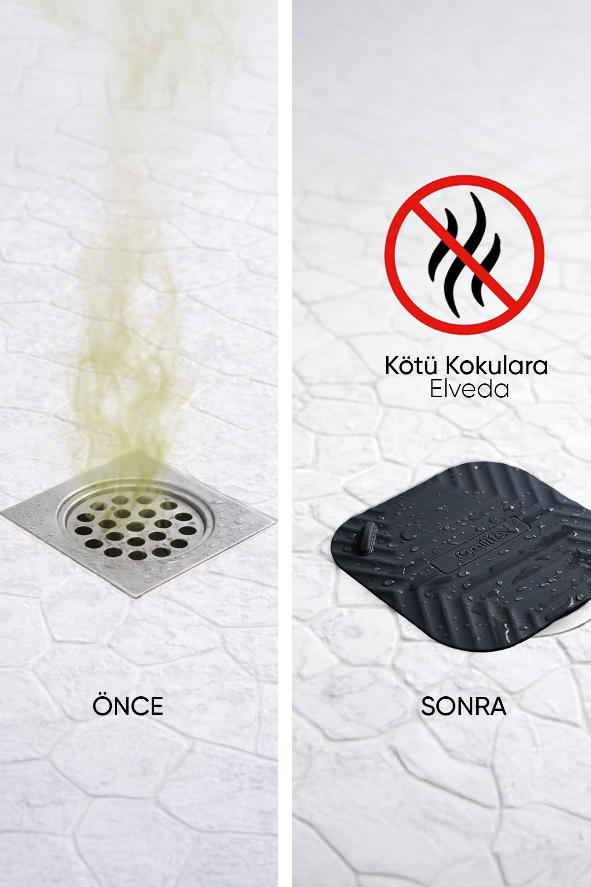2'li Gri Uzun ve Siyah  Kare Silikon Gider Matı Koku Önleyici Banyo Mutfak Balkon Kapak Seti