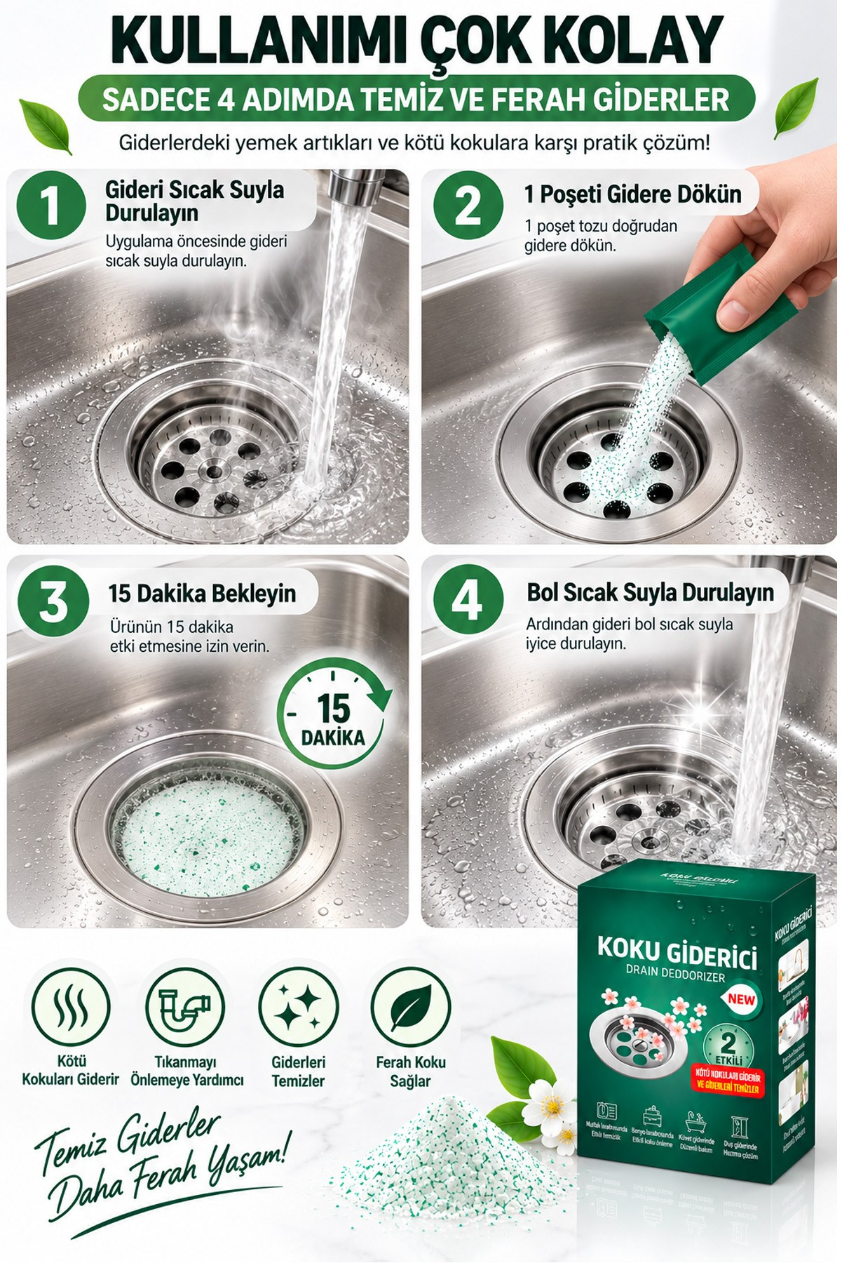 2'li Lavabo Gider Koku Giderici Toz Anında Etkili Mutfak Banyo Gider Temizleyici Ferahlatıcı