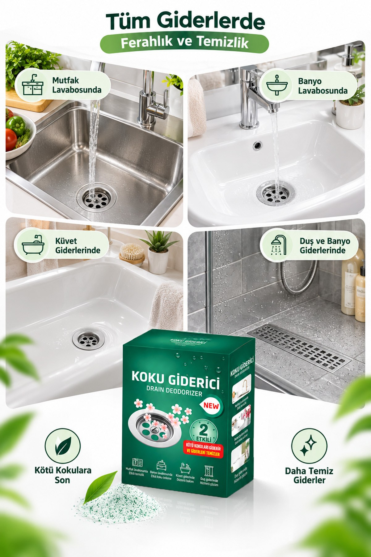 2'li Lavabo Gider Koku Giderici Toz Anında Etkili Mutfak Banyo Gider Temizleyici Ferahlatıcı