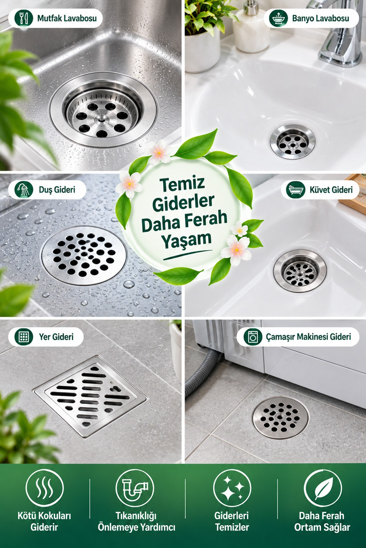 2'li Lavabo Gider Koku Giderici Toz Anında Etkili Mutfak Banyo Gider Temizleyici Ferahlatıcı