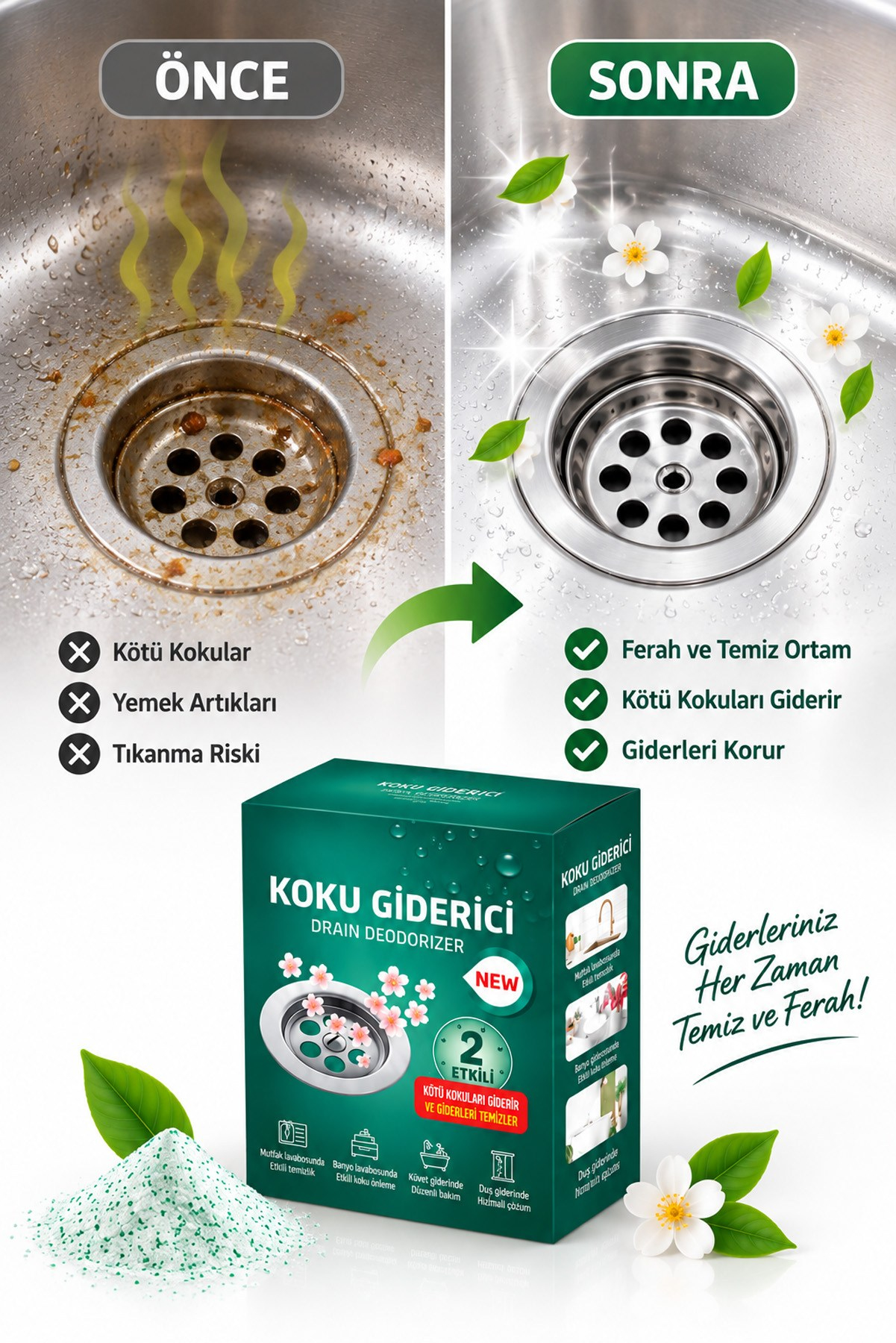 2'li Lavabo Gider Koku Giderici Toz Anında Etkili Mutfak Banyo Gider Temizleyici Ferahlatıcı