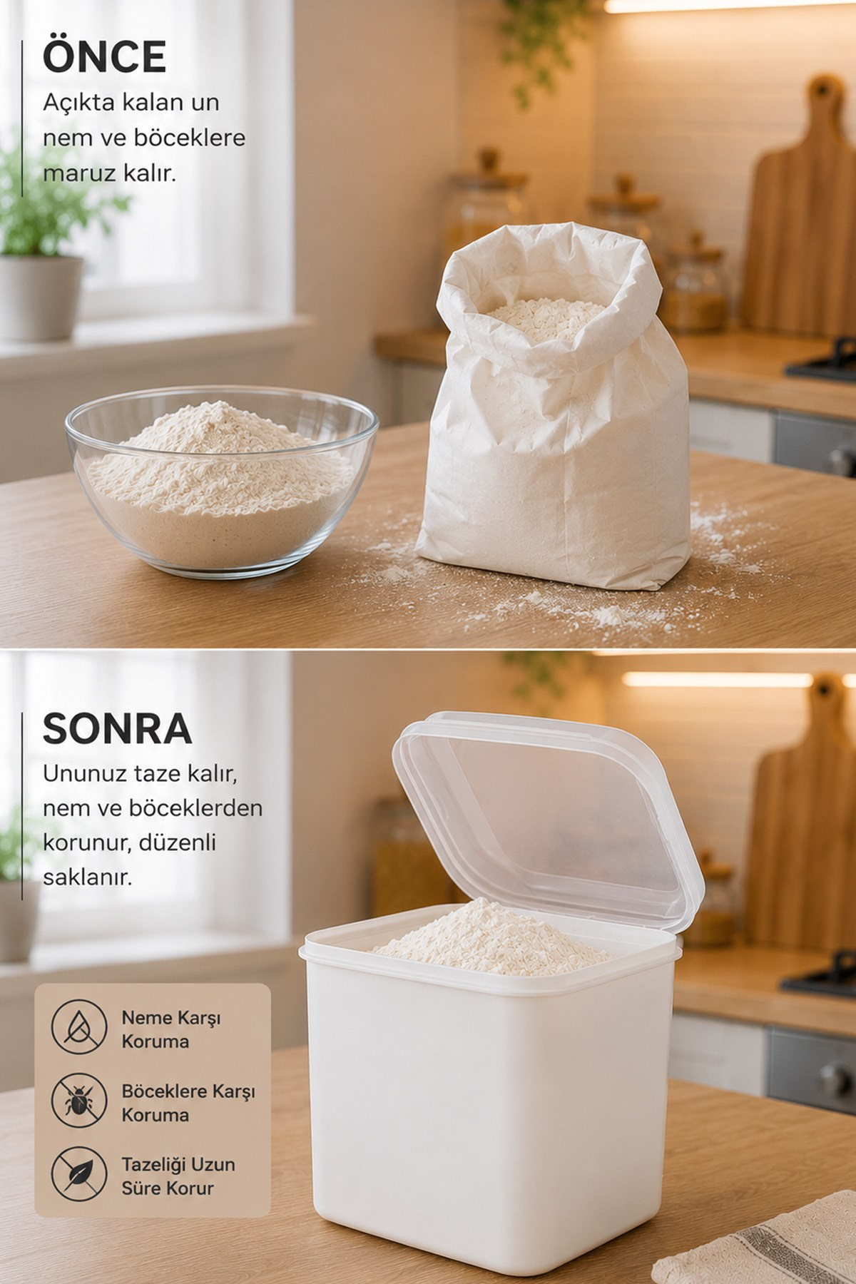 2'li Masal Saklama Kabı Beyaz 4,5 Litre Un ve Bakliyat Saklama Kabı Kapaklı Erzak Düzenleyici VP-033