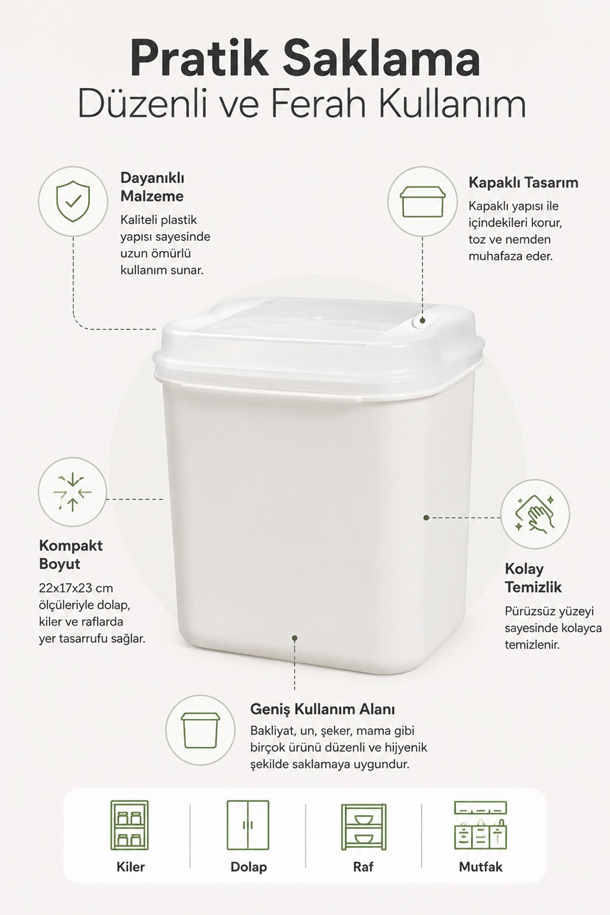 2'li Masal Saklama Kabı Beyaz 4,5 Litre Un ve Bakliyat Saklama Kabı Kapaklı Erzak Düzenleyici VP-033