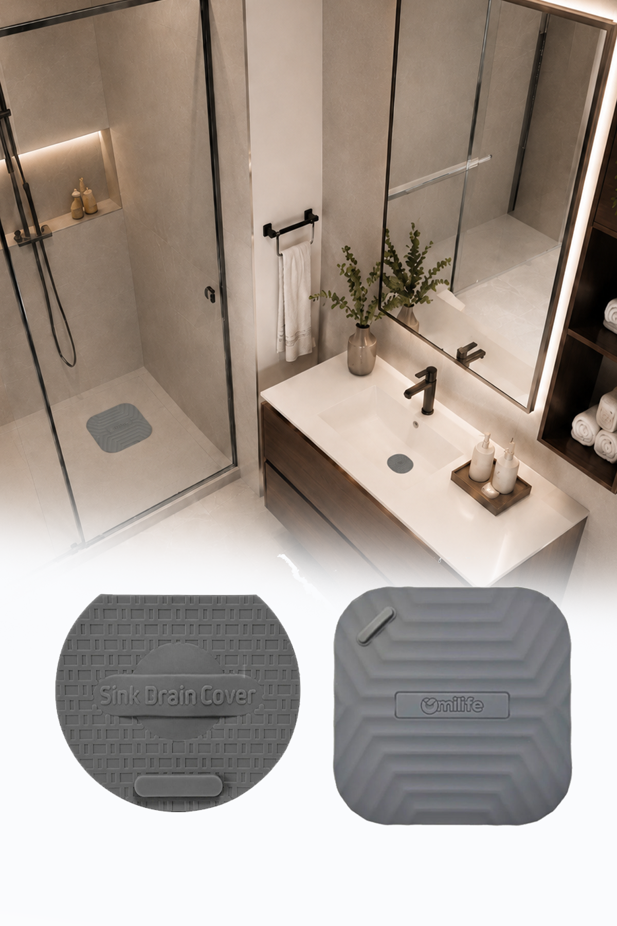 2'li Set Gri Kare Silikon Gider Koku Önleyici Kapak ve Evye Lavabo Süzgeci