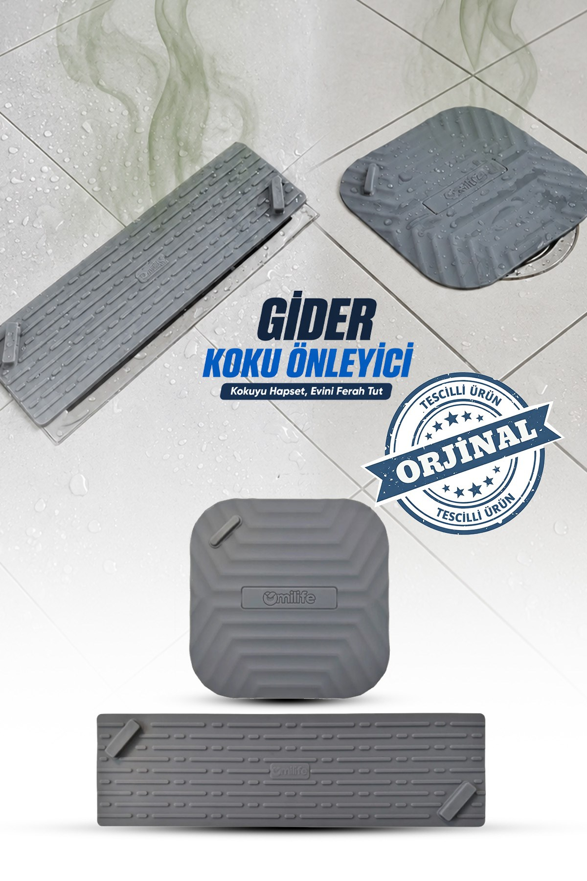 2'li Set Gri Uzun ve Gri Kare Silikon Gider Kapağı  Koku Önleyici Banyo Mutfak Gider Tıkacı