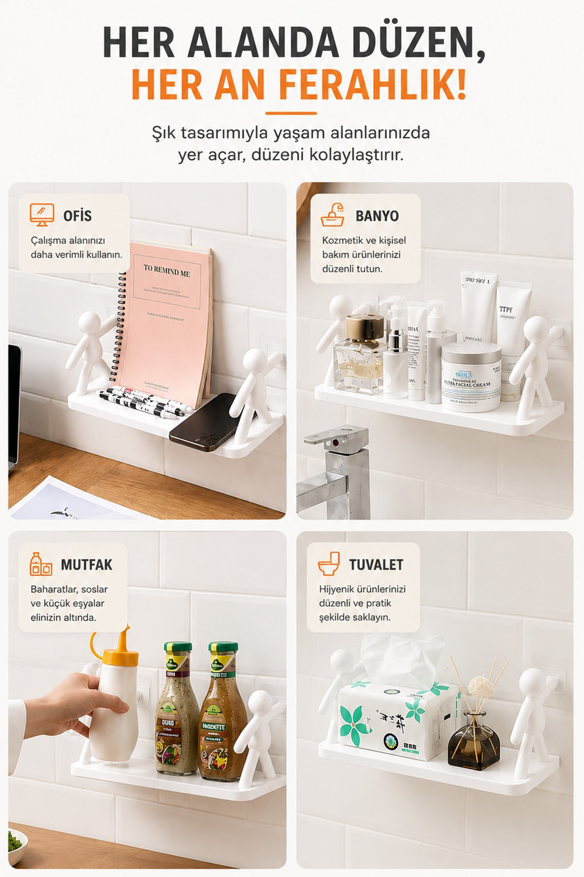 2'li Yapışkanlı Çöp Adam Banyo Organizer Raf Şampuan Kozmetik Baharat Düzenleyici Dekoratif Raf