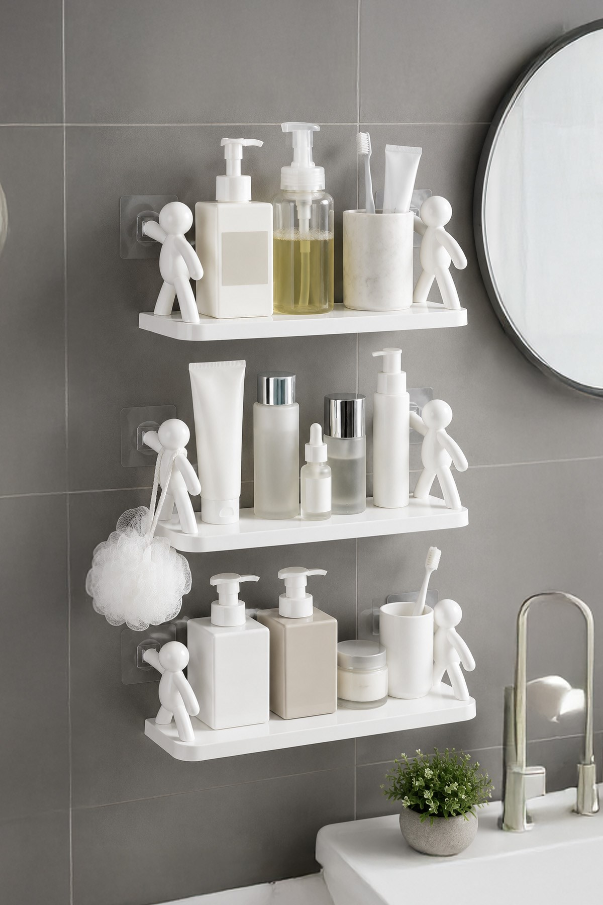 2'li Yapışkanlı Çöp Adam Banyo Organizer Raf Şampuan Kozmetik Baharat Düzenleyici Dekoratif Raf