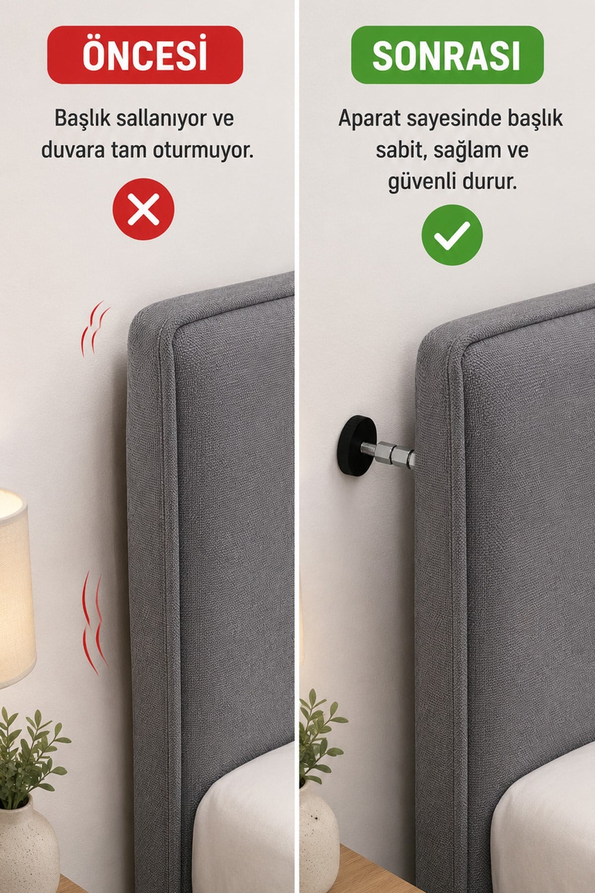 2'li Yatak Başlık Sabitleyici Baza Duvar Dayama Ses Önleyici Aparat 8-11 cm 3 Vidalı