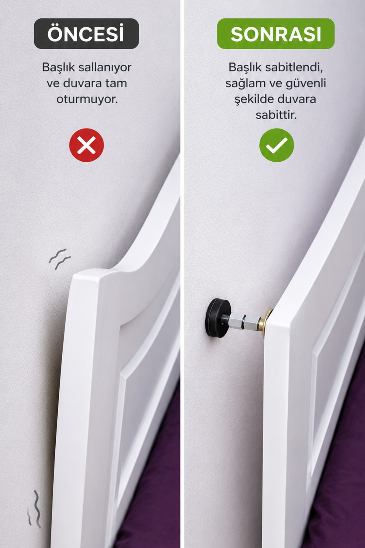 2'li Yatak Başlık Sabitleyici Baza Duvar Ses Önleyici Aparat 6,4-8,5 cm 2 Vidalı