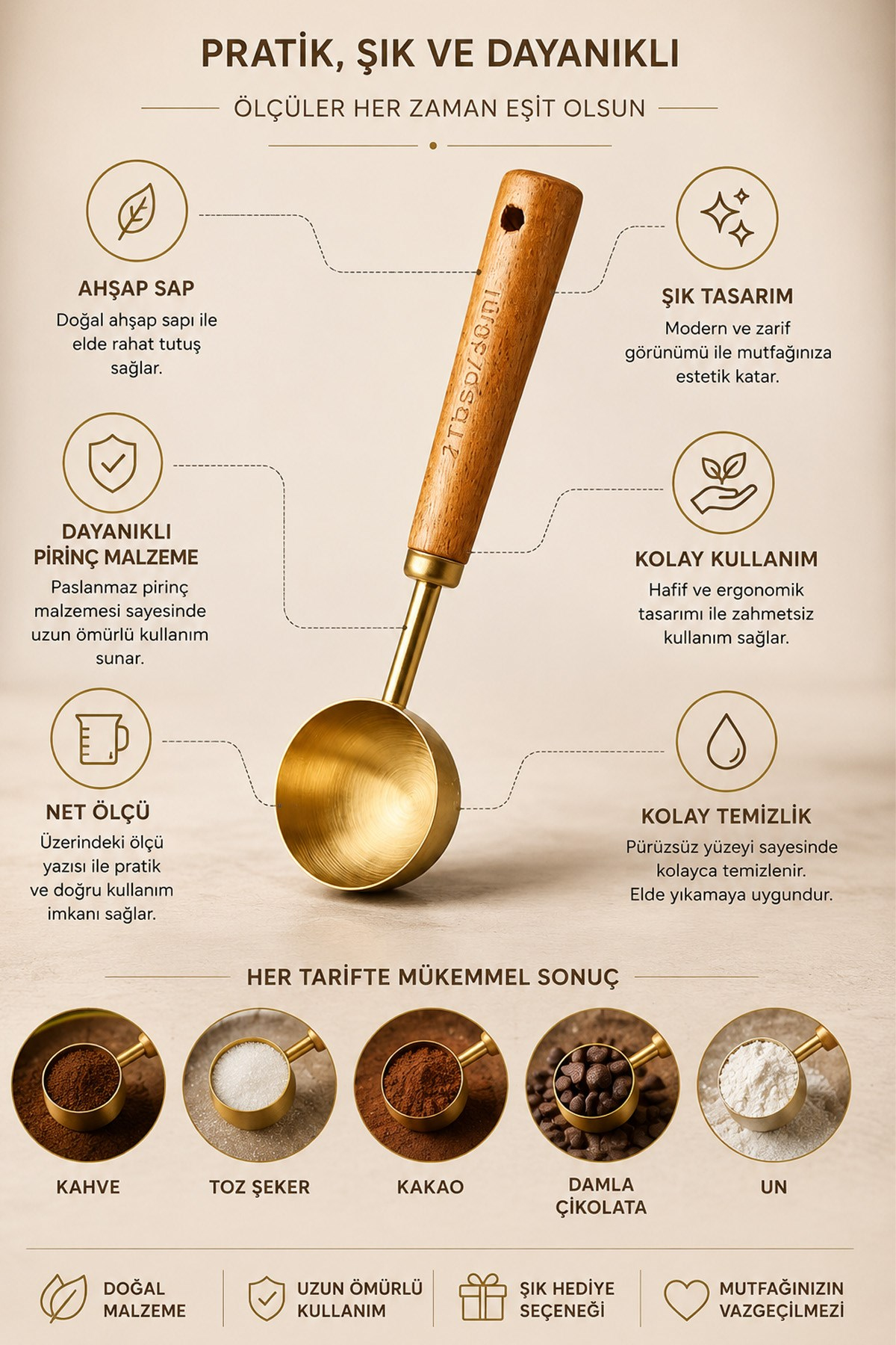 30 ml Ahşap Saplı Gold Kahve Ölçü Kaşığı Paslanmaz Çelik Kahve Çay Mama Ölçme Kaşığı 