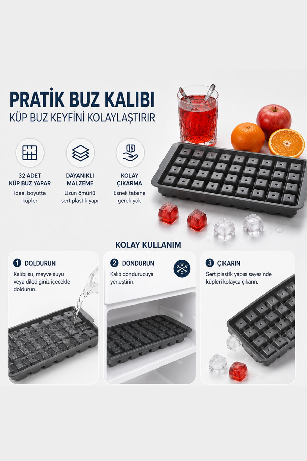 32 Bölmeli Kare Buz Kalıbı Kapaklı Buzluk Silikon Kolay Çıkarılabilir Buz Yapma Kabı