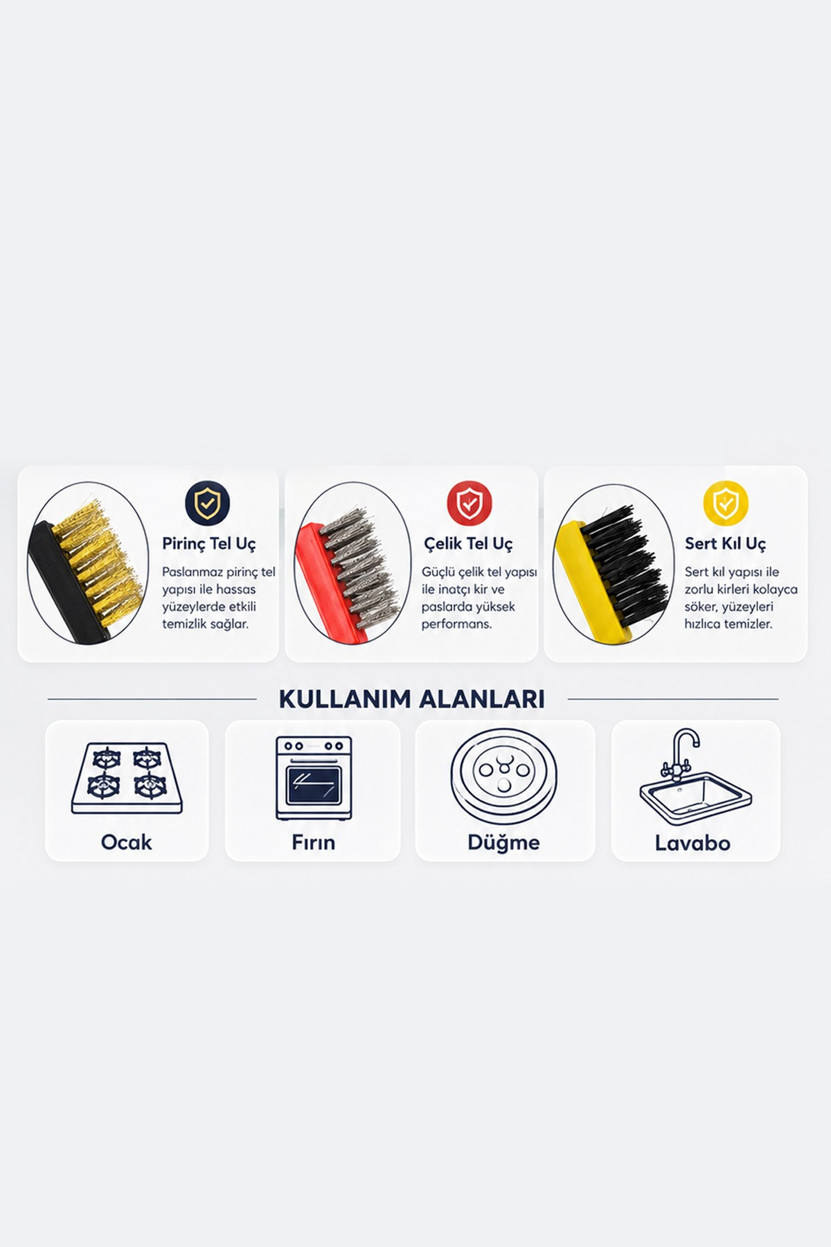 3'lü Detay Temizlik Fırçası Ocak Fırın Airfryer Mangal Tel Yağ Pas Sökücü Set